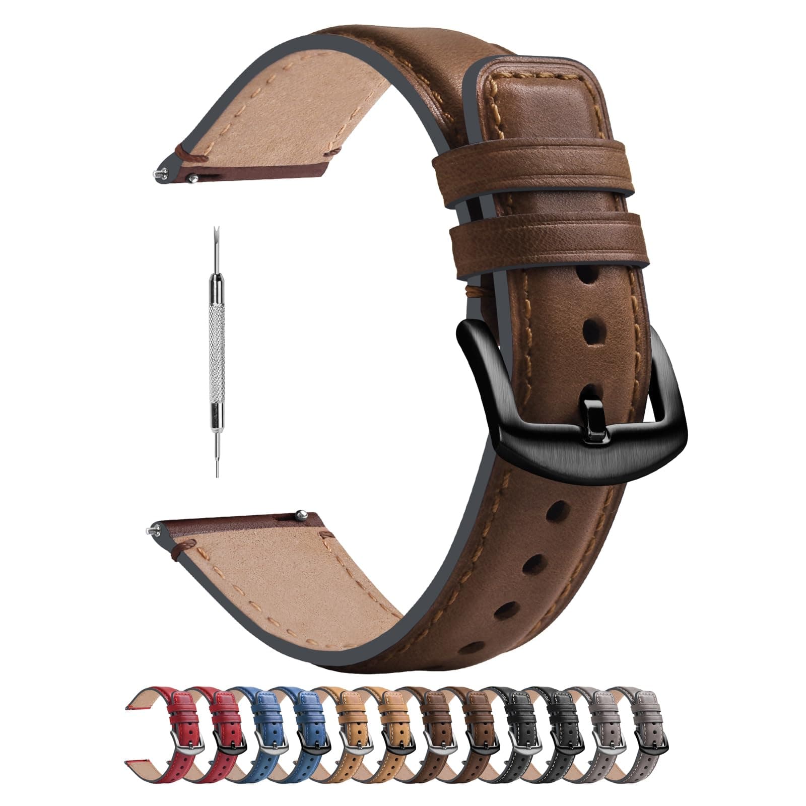 Fullmosa 22mm Quick Release Leather Watch Strap, Dark Brown+Smoky Grey
