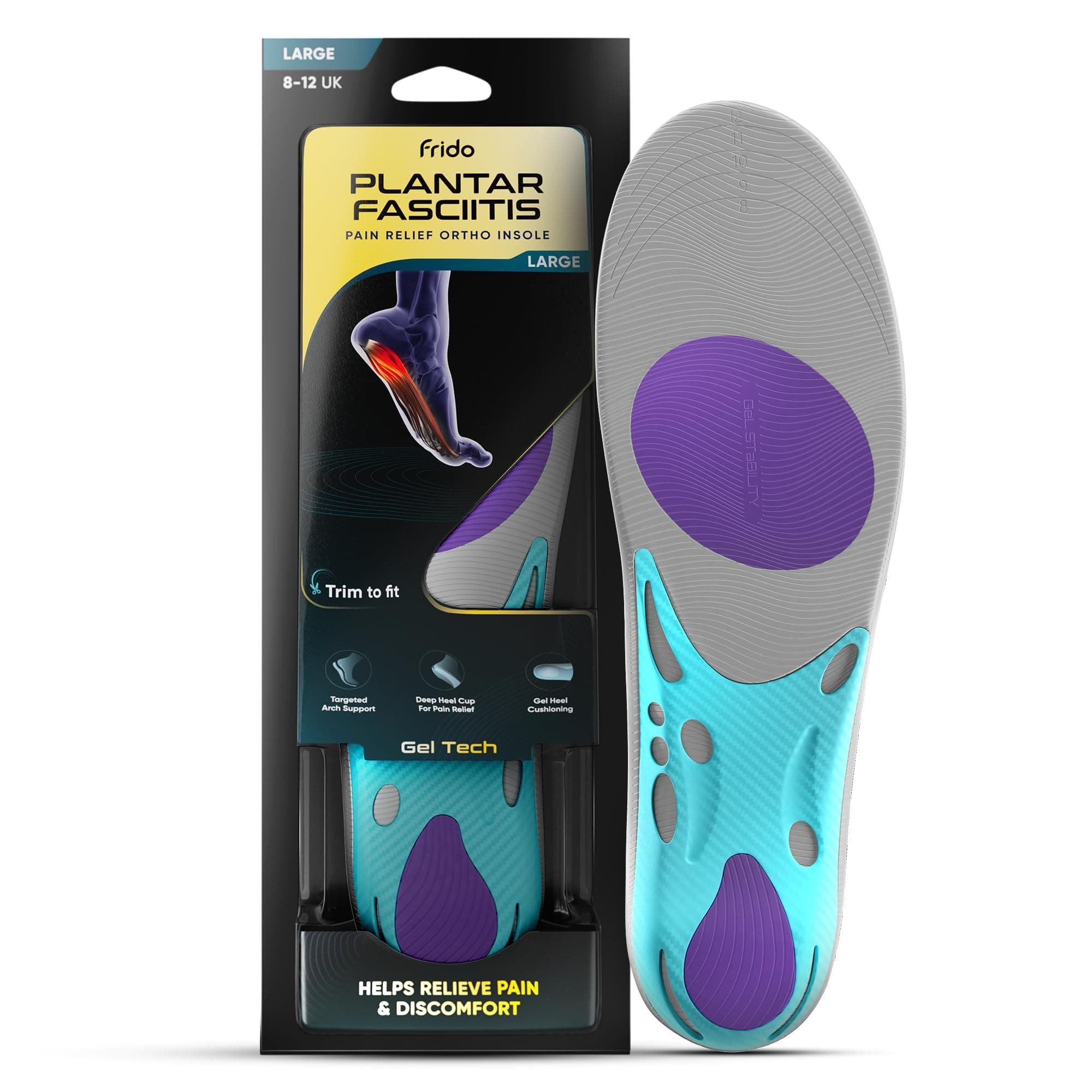 Frido Plantar Fasciitis Pain Relief Ortho Insoles | Orthopedic Arch Support Insoles For Men & Women | Trim-to-fit | For Foot Pain, Heel Pain, Standing & Walking Comfort, Large (8-12 UK)