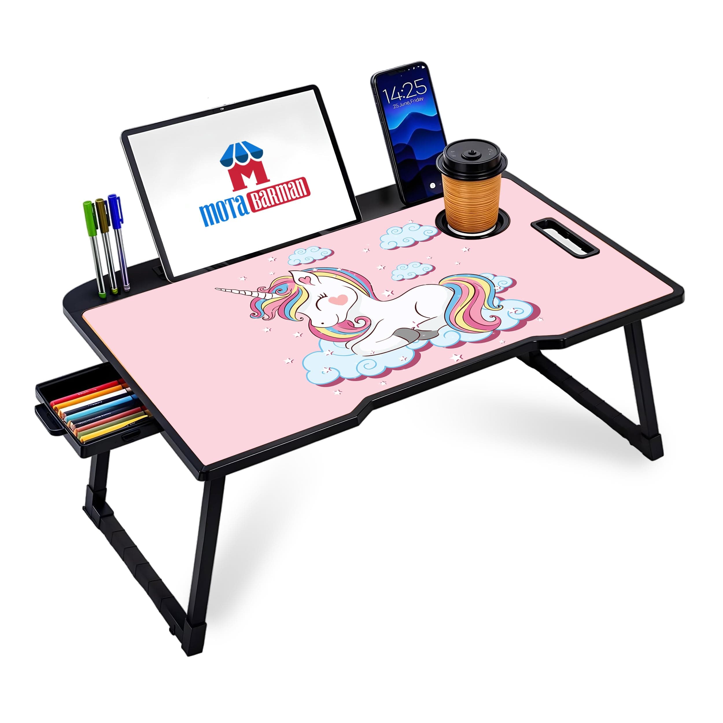 DIVIJA STORE Smart Multipurpose Foldable Laptop Table with Cup Holder, Study Table, Bed Table, Breakfast Table, Foldable and Portable/Ergonomic & Rounded Edges/Non-Slip Legs (Unicorn)