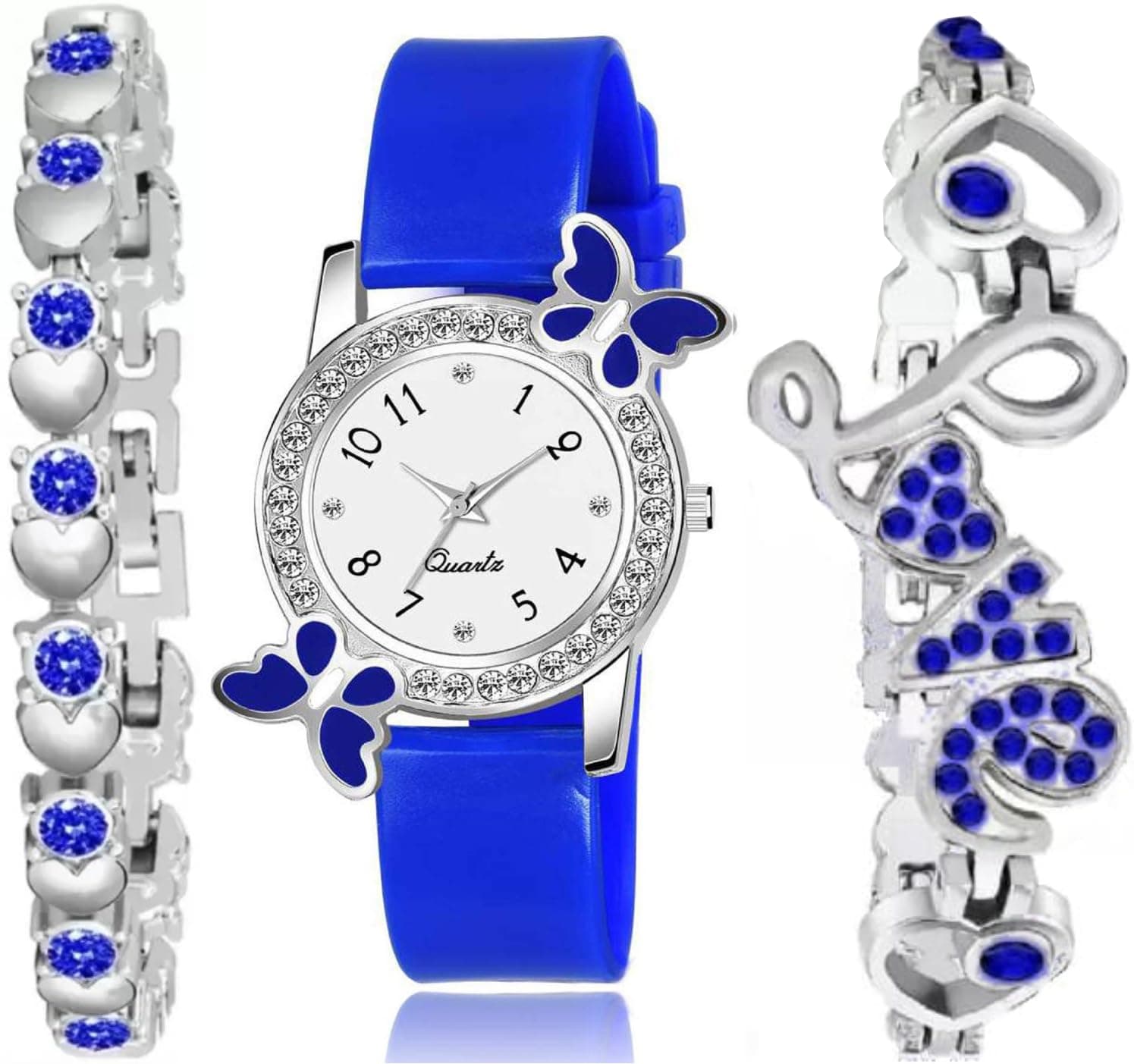 Acnos Polyurethane White Dial Diamond Blue Analog Watch 2 Diamond Bracelet For Girl Best Design Butterfly Combo 3 Pack Of 3, Blue Band