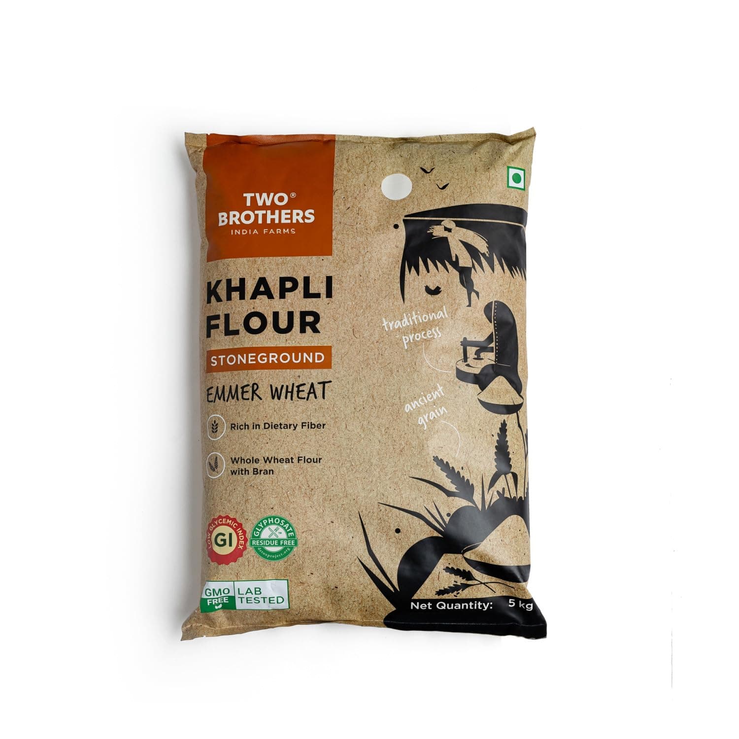 Two Brothers Khapli Wheat Flour (5kg) | Low-Gluten Wheat Flour | High Dietary Fiber for Easy Digestion | Stoneground Emmer | Khapli Atta | India's Only Certified Glyphosate Free Atta