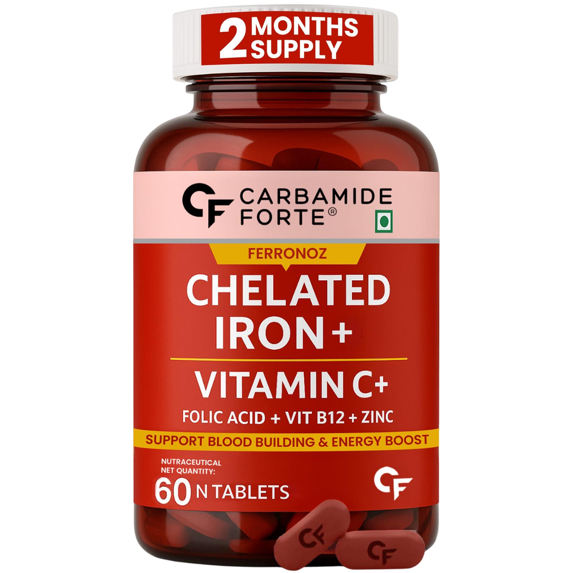 Carbamide Forte Chelated Iron Supplement for Women | Folic Acid Tablets for Pregnancy | 60 Veg Iron Tablets for Women for Hair Growth with Iron Bisglycinate