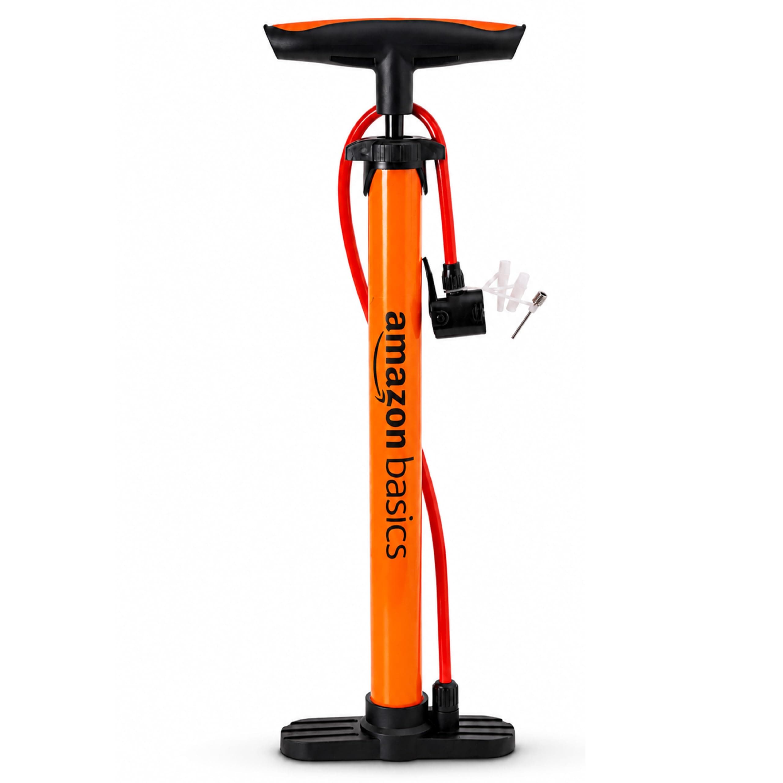 Amazon Basics Portable High-Pressure Bicycle Air Pump | Includes Ball Needle & Air Nozzle | Ergonomic T-Handle | Hand Air Pump for Bicycles, Footballs, Sports Balls & Inflatables | Orange