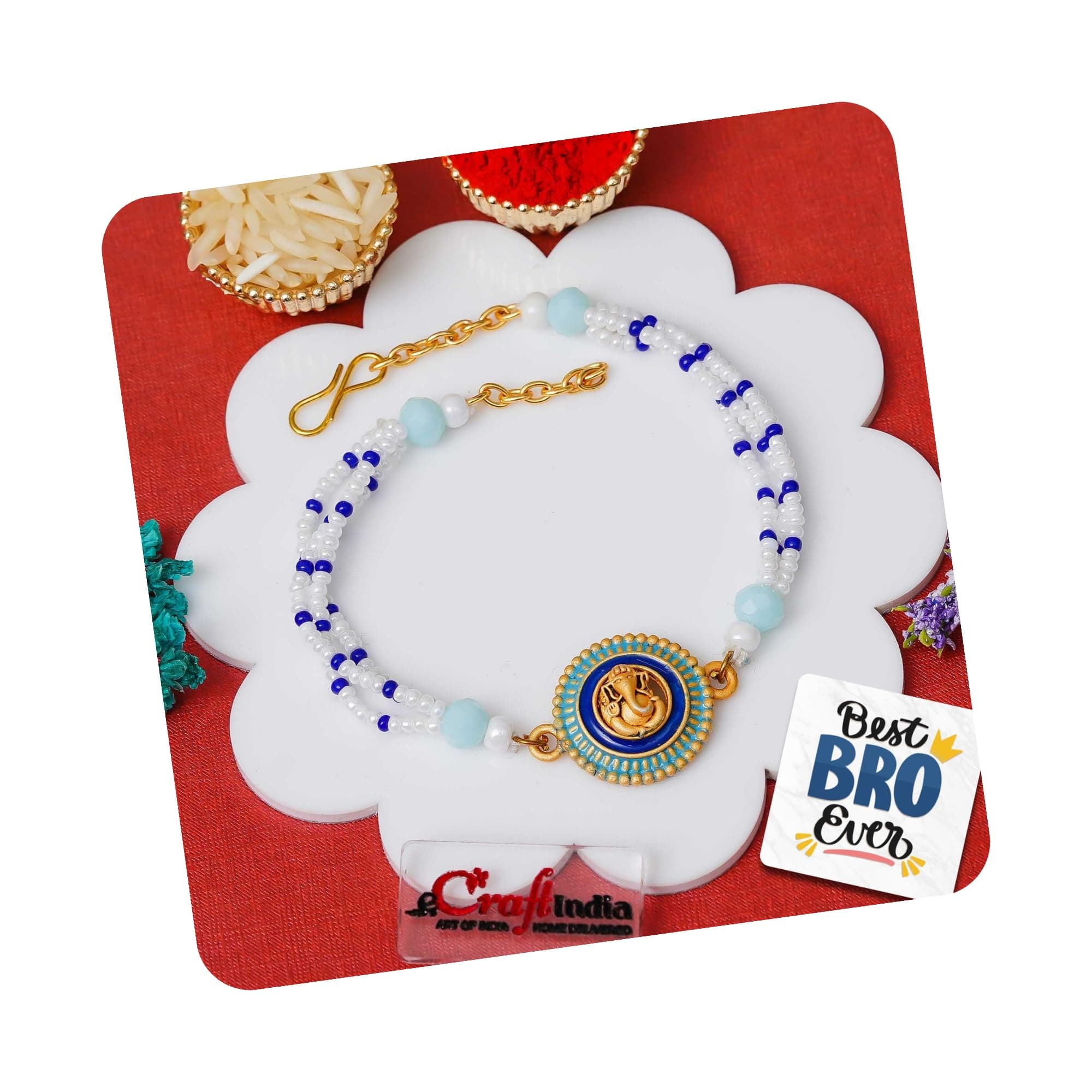 eCraftIndia Lord Ganesha Bracelet Rakhi for Brother With Gift Combo Set | Single Rakhi Bracelet for Brother Bhai Bhaiya Bhabhi | Beads Bracelet for Man | Best Bro Ever Fridge Magnet | Roli Chawal Pack