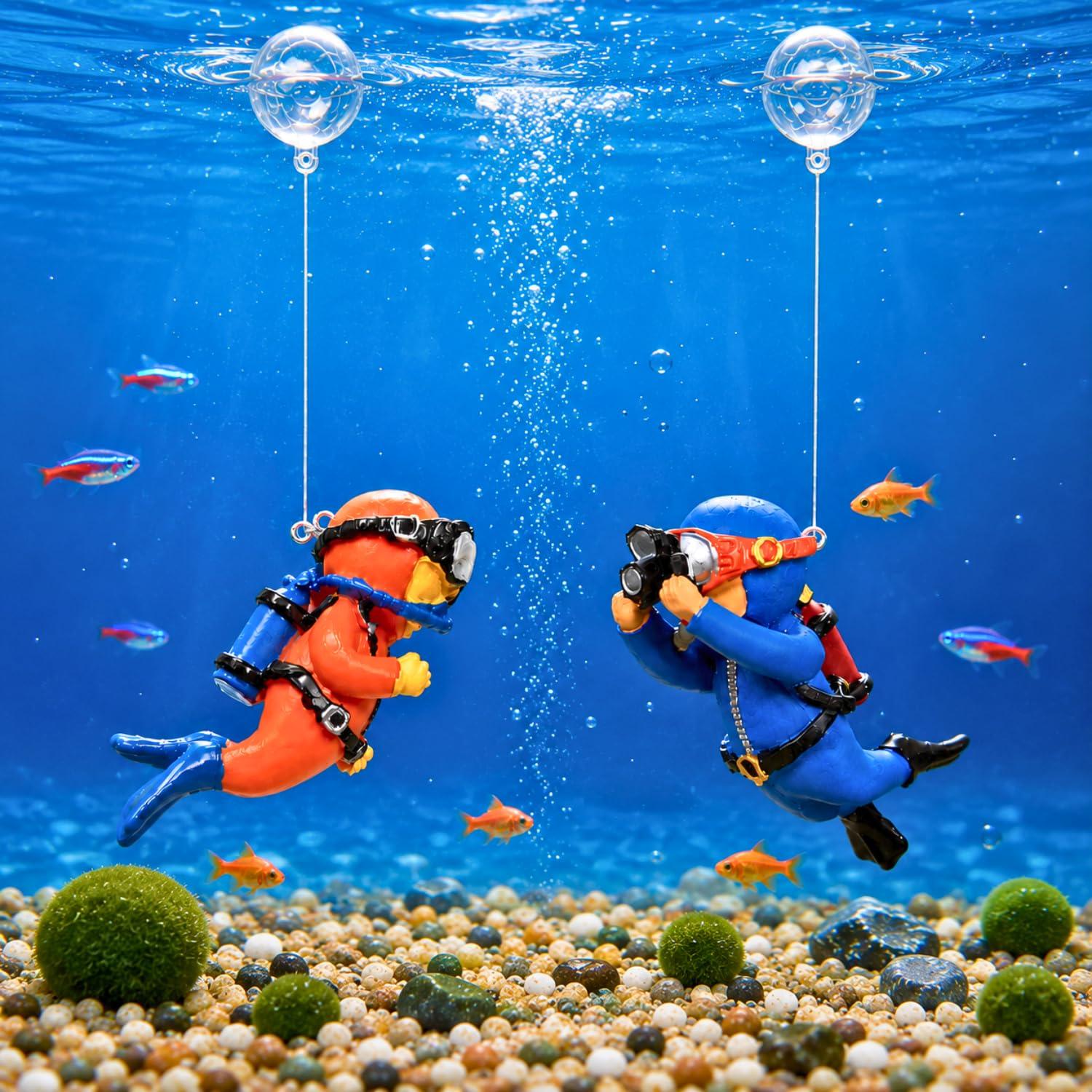 VAYINATO® 2 Pcs (Random Color) Floating Mini Cute Photo Diver Aquarium Fish Tank Simulation Decoration Ornaments | Made with Eco Friendly Resin | No Harm to Fish by Petzlifeworld