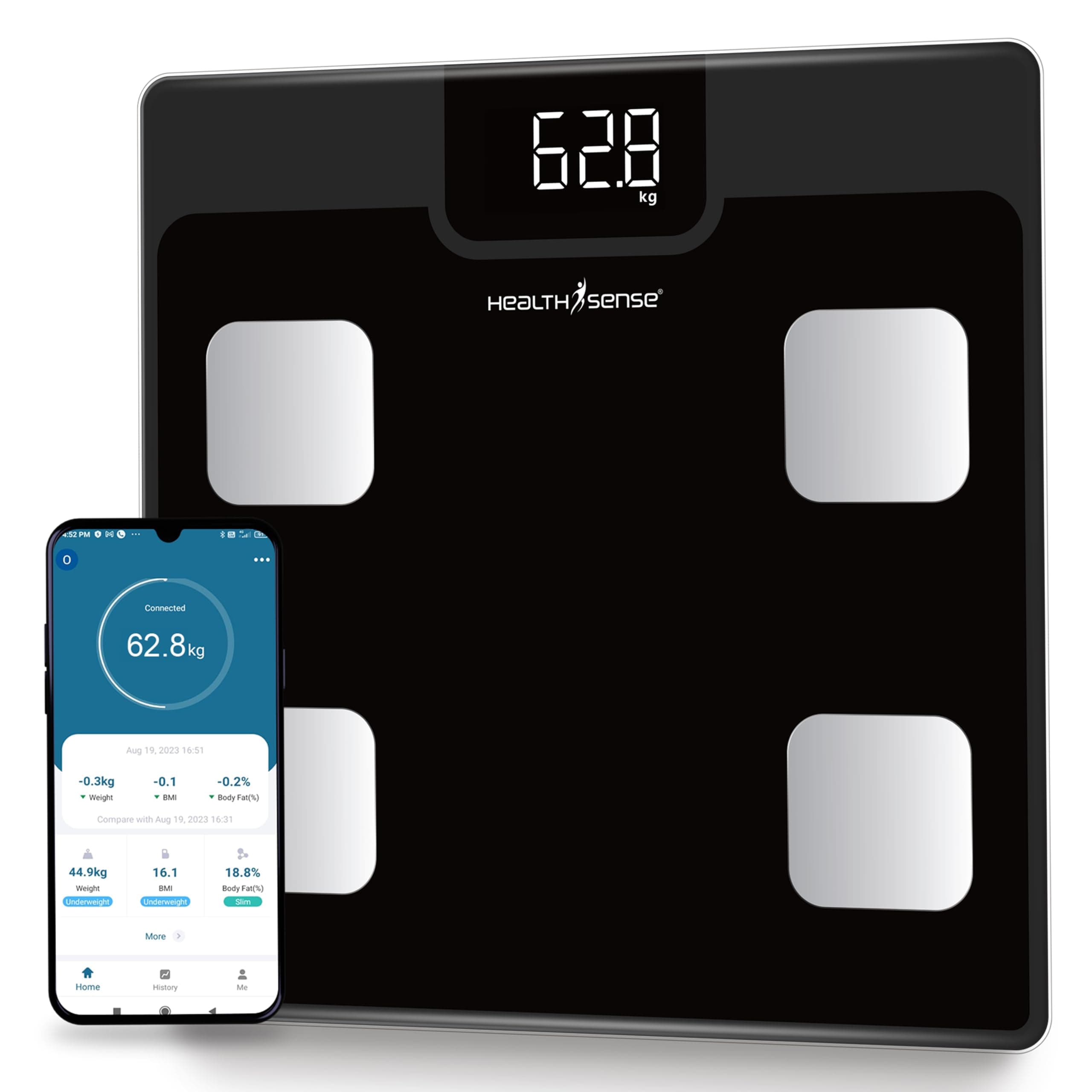 HealthSense BS161 Bluetooth BMI Digital Weight Machine with Fat Analyzer, Smart Body Composition Scale, Mobile App, 12 Body Parameters, LED Display & 1 Year Warranty,150 Kg.