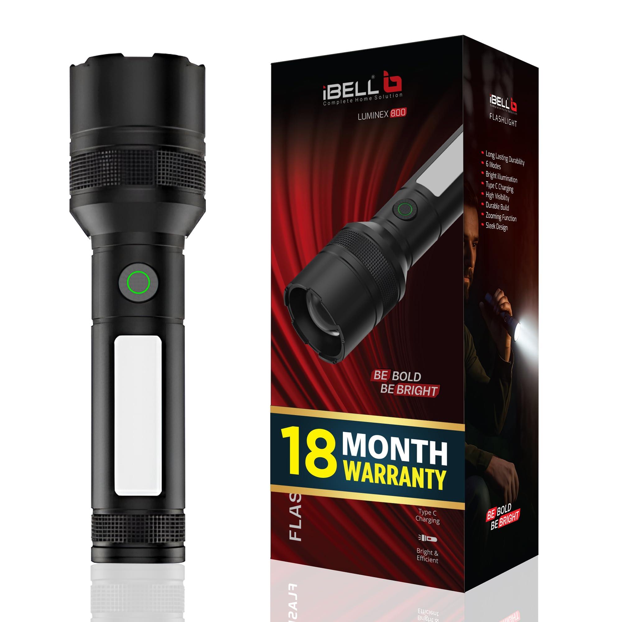IBELL LUMINEX 800 Rechargeable Torch Light High Power, 6 Light Modes, Telescopic Zoom, Type C Charging, LED Flashlight, Super Bright & Long Distance Range, for Home, Outdoor & Emergency Use (Black)