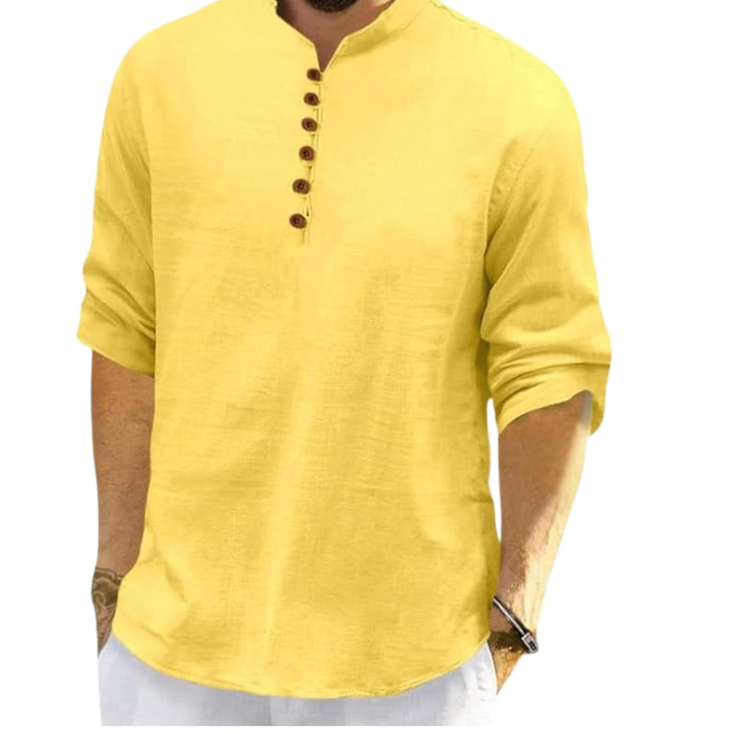 ROYALSCOUT Men's Cotton Polyester Blend Solid Regular Fit Full Sleeve Short Kurta Yellow