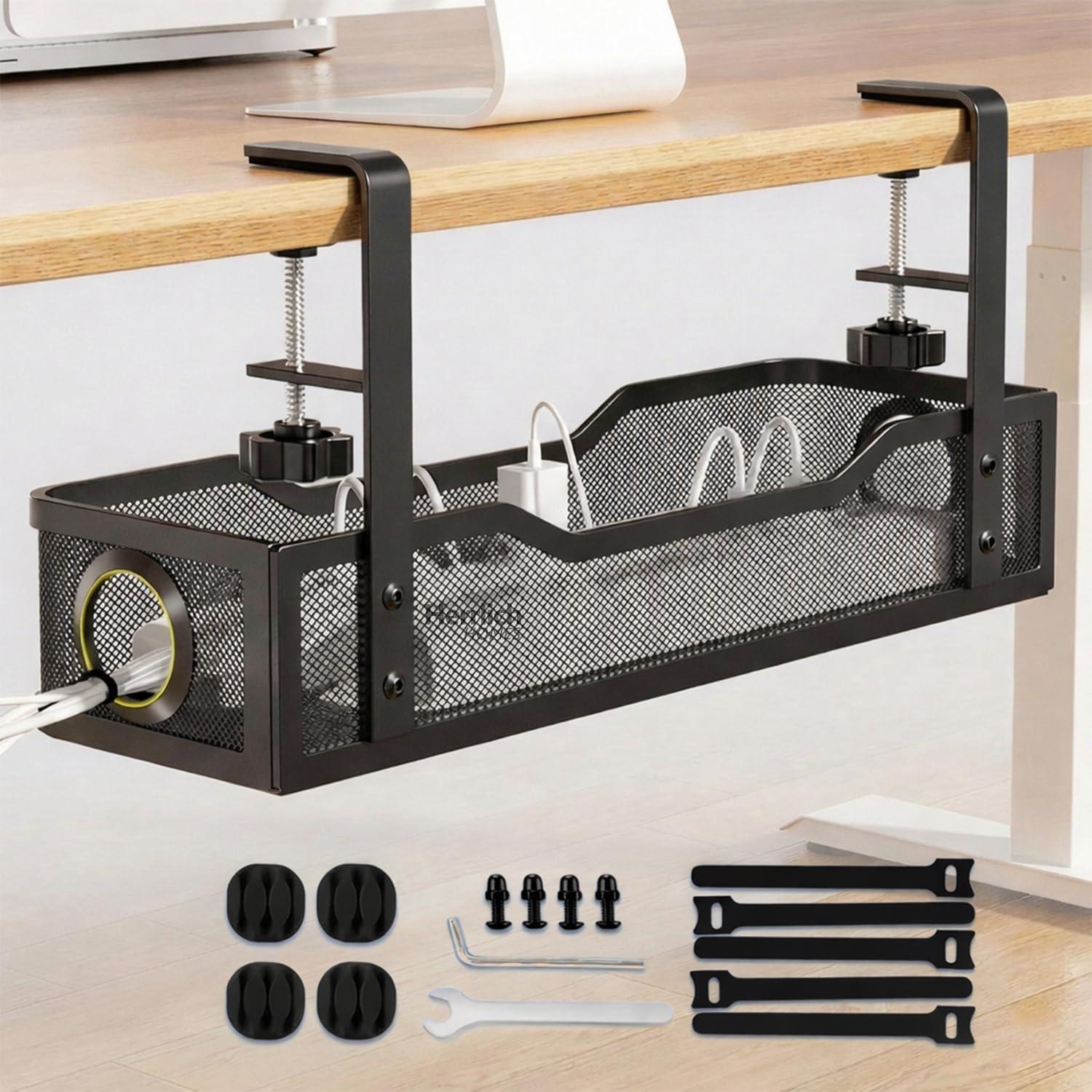 Herrlich Homes Under Desk Cable Management Tray | No Drill Clamp-On Metal Mesh Wire Organizer for Office, Home, Gaming, Study Table | Power Strip Holder with Cable Ties & Clips | Black