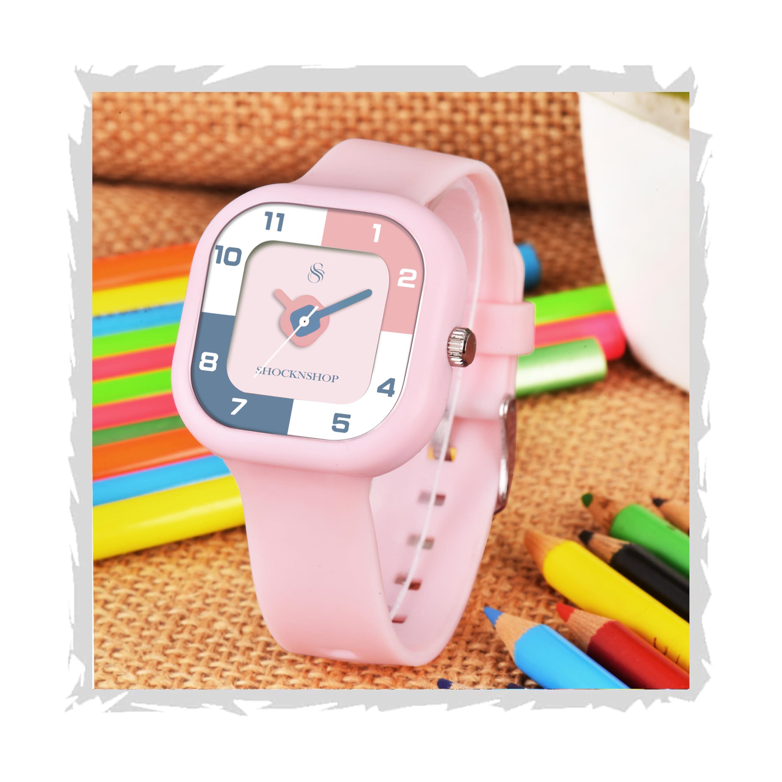 Shocknshop Cute Analog Design Watch for Girl -Child Between 4 to 13 Years of Age Square Printed Dial with Pink Band 30 M Waterproof Watches for Kids -WCH329 (Pink)