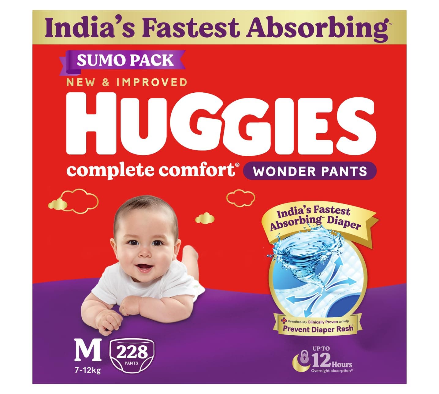 Huggies Complete Comfort Wonder Pants | Pant Style Baby Diapers Medium Size (M), 228 Count | India's Fastest Absorbing Diaper, Prevents Diaper Rash, Ideal for 7 to 12 Kgs (76 Count, Pack of 3)