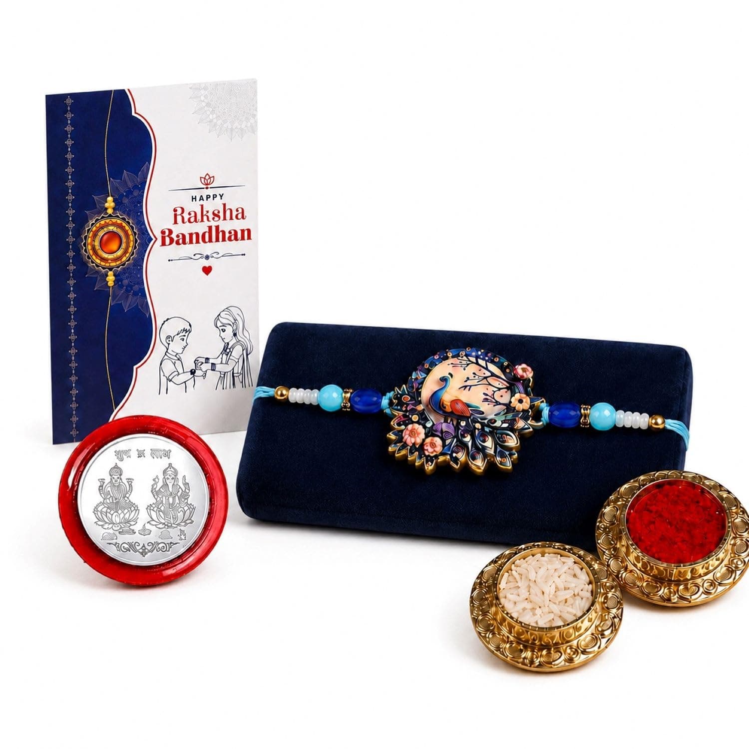 Periapt Rakhi for Brother – Multicolor Peacock Design Rakhi with Silver Color Pooja Coin, Greeting Card & Tilak Set – Traditional Raksha Bandhan Festive Occasion Combo Gift Pack for Bro