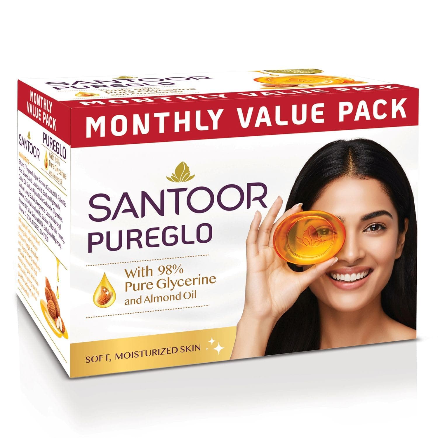 Santoor PureGlo Glycerine Soap with Almond Oil and Glycerine, 125g for Nourished Glowing Skin