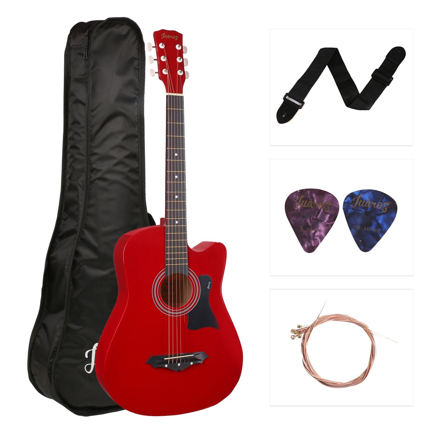 Juârez Acoustic Guitar, 38 Inch Cutaway, JRZ38C/RED with Bag, Strings, Pick and Strap, Red