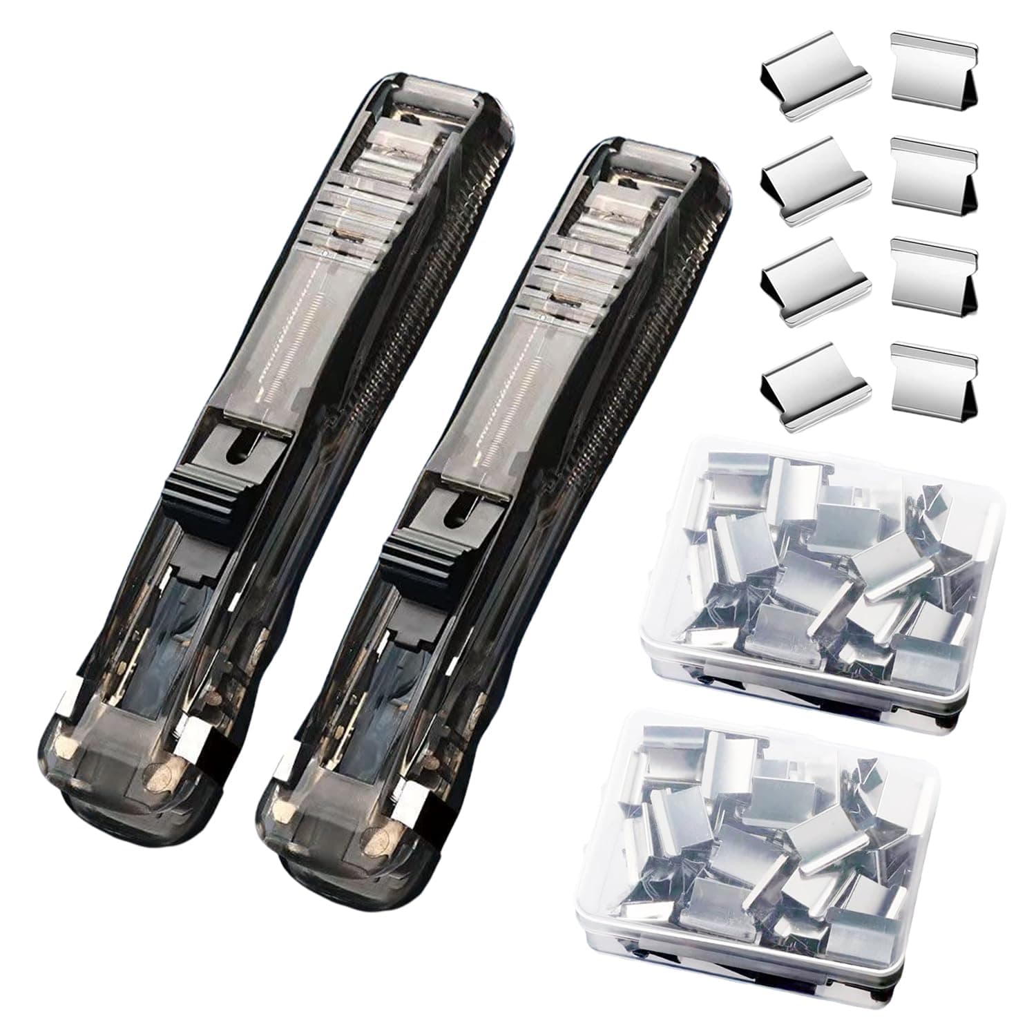 DSBGKJI 2 Pcs Handheld Reusable Creative Stapler Push Stapler Clips Paper Clamp Dispenser 40 Sheet, 100 Stainless Steel Refill Binder Clips for Office Document School Supplies