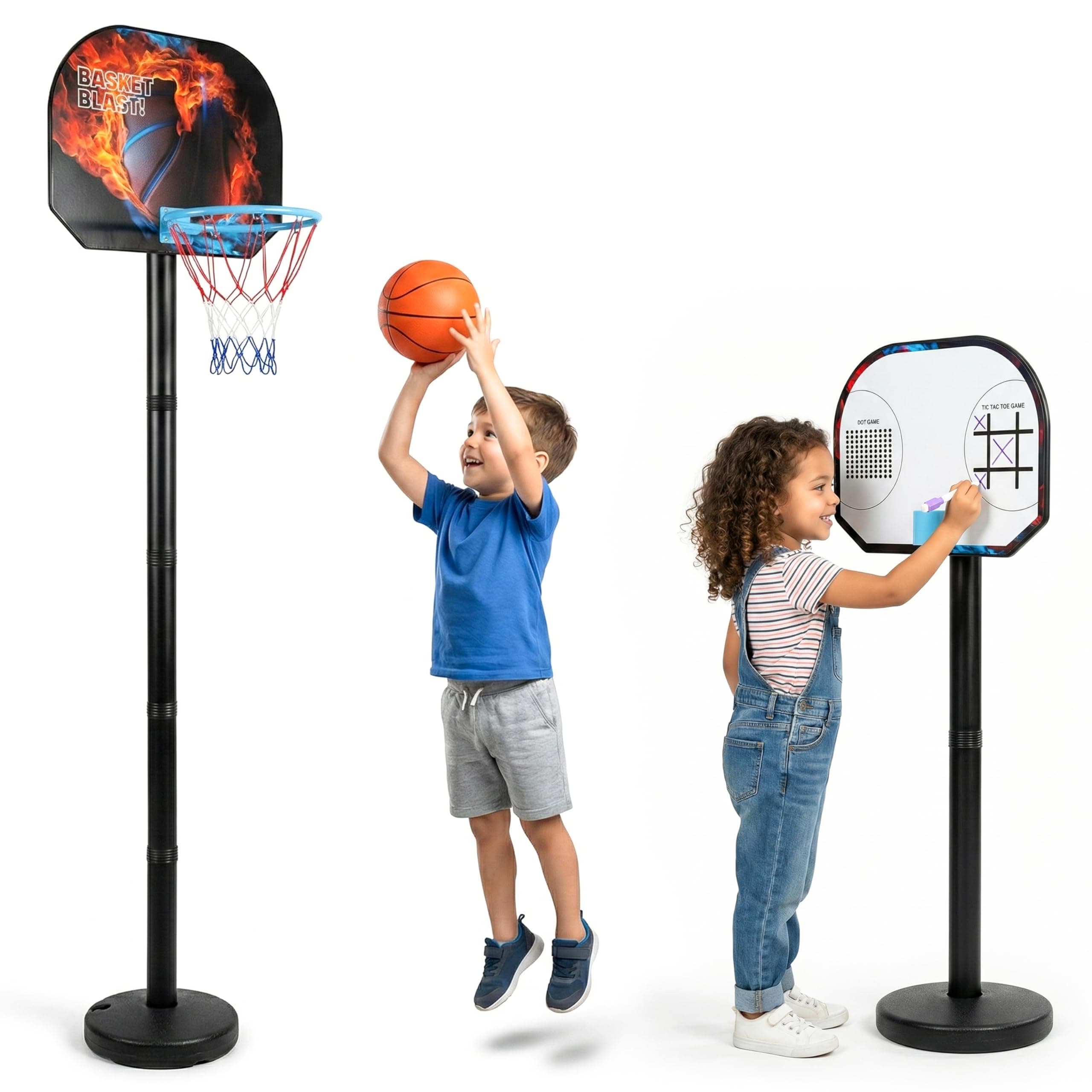 Kidsmate 3-in-1 Basketball Play Set for Kids with Adjustable Basketball Hoop, Tic Tac Toe & Dot Game Board, Basketball Net Stand Indoor Outdoor Toy, Best Gift for Boys & Girls - Multicolor