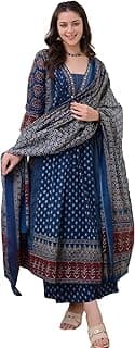 KLOSIA Women's Rayon Printed Anarkali Kurta and Pant with Dupatta Set