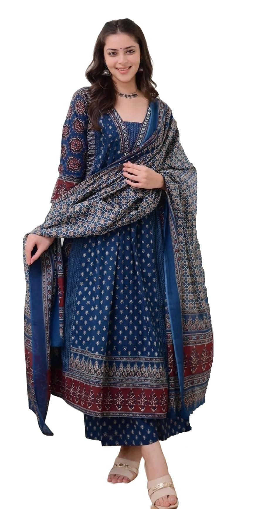 KLOSIA Women Printed Anarkali Kurta and Pant Set with Dupatta Teal Blue
