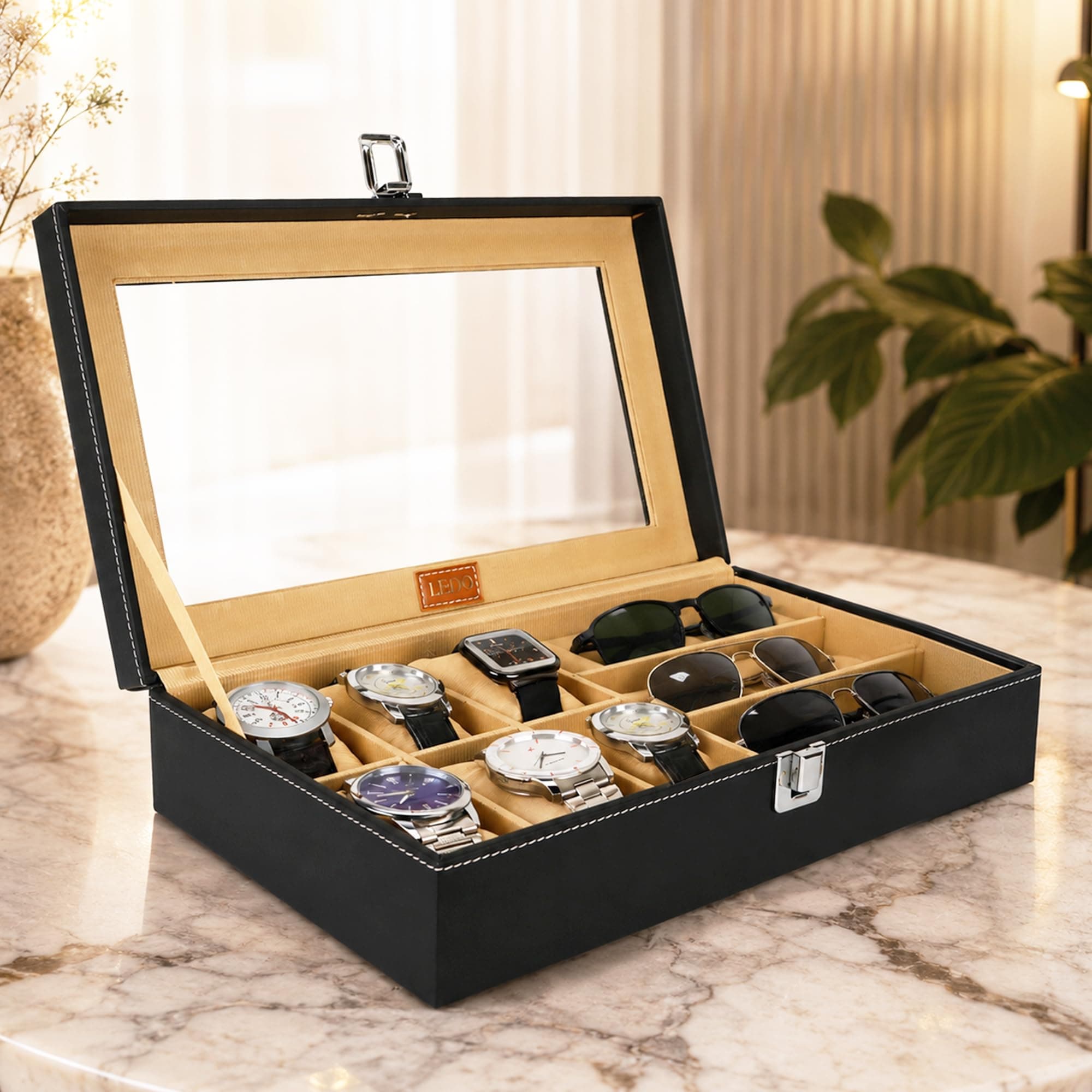 LEDO Watch Case Box & Sunglass Box Holder, Black & Cream, PU Leather