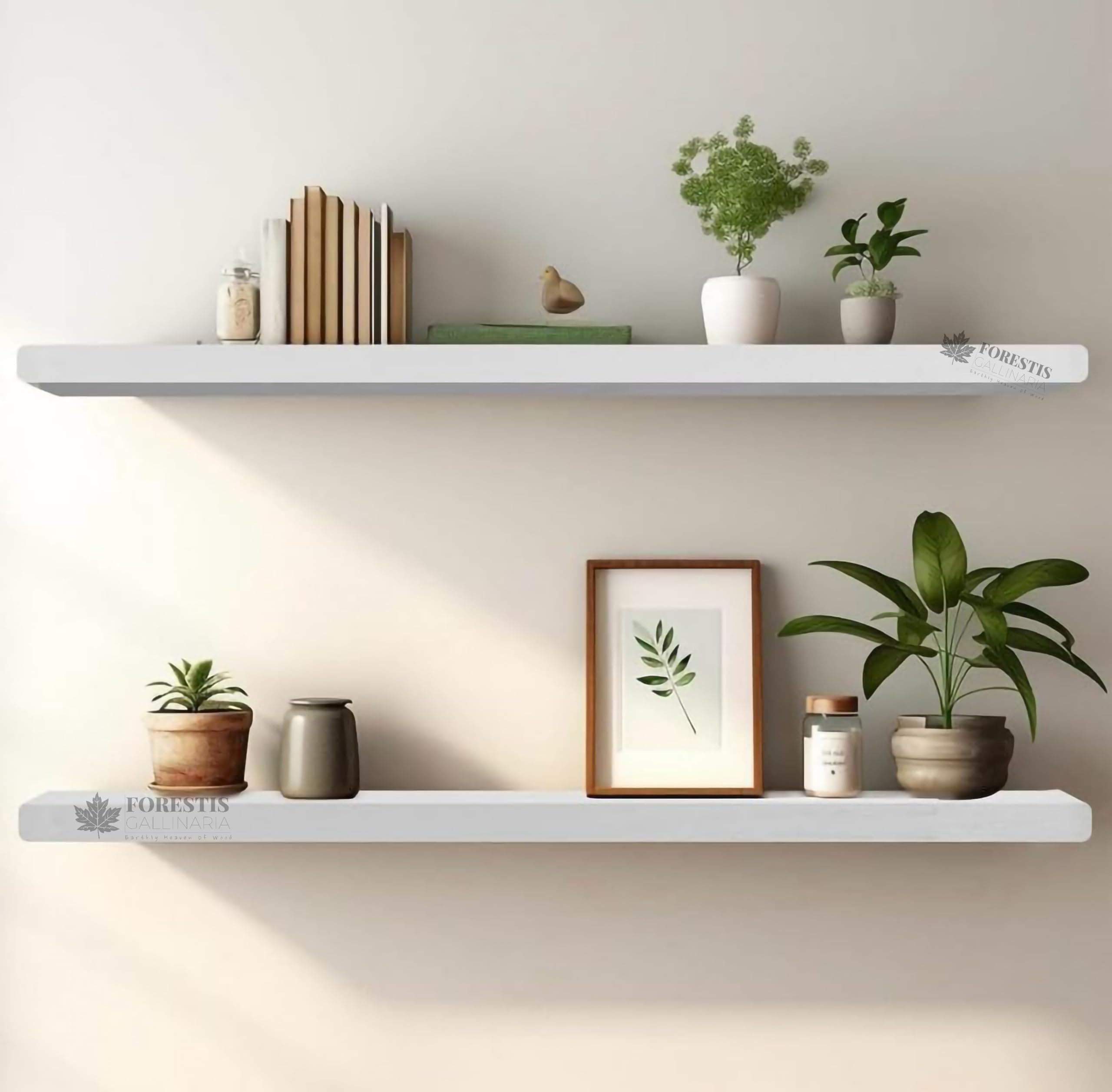 FORESTIS GALLINARIA Aries Wooden Floating Wall Shelf| Wall Rack Shelf | Wall Mount for Living Room, Bedroom, Kitchen… (Set of 2 White, Large)