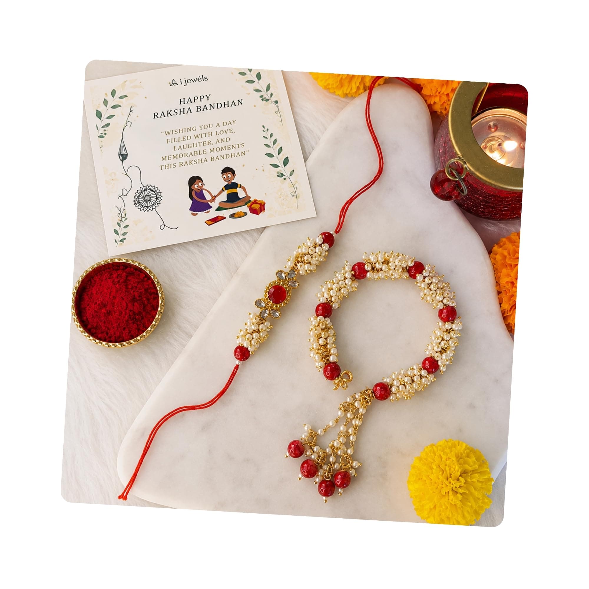I Jewels Pearl Hanging Bhaiya Bhabhi Lumba Rakhi Bracelet Combo Set with Roli Chawal & Rakshabandhan Card (R011R-Co)