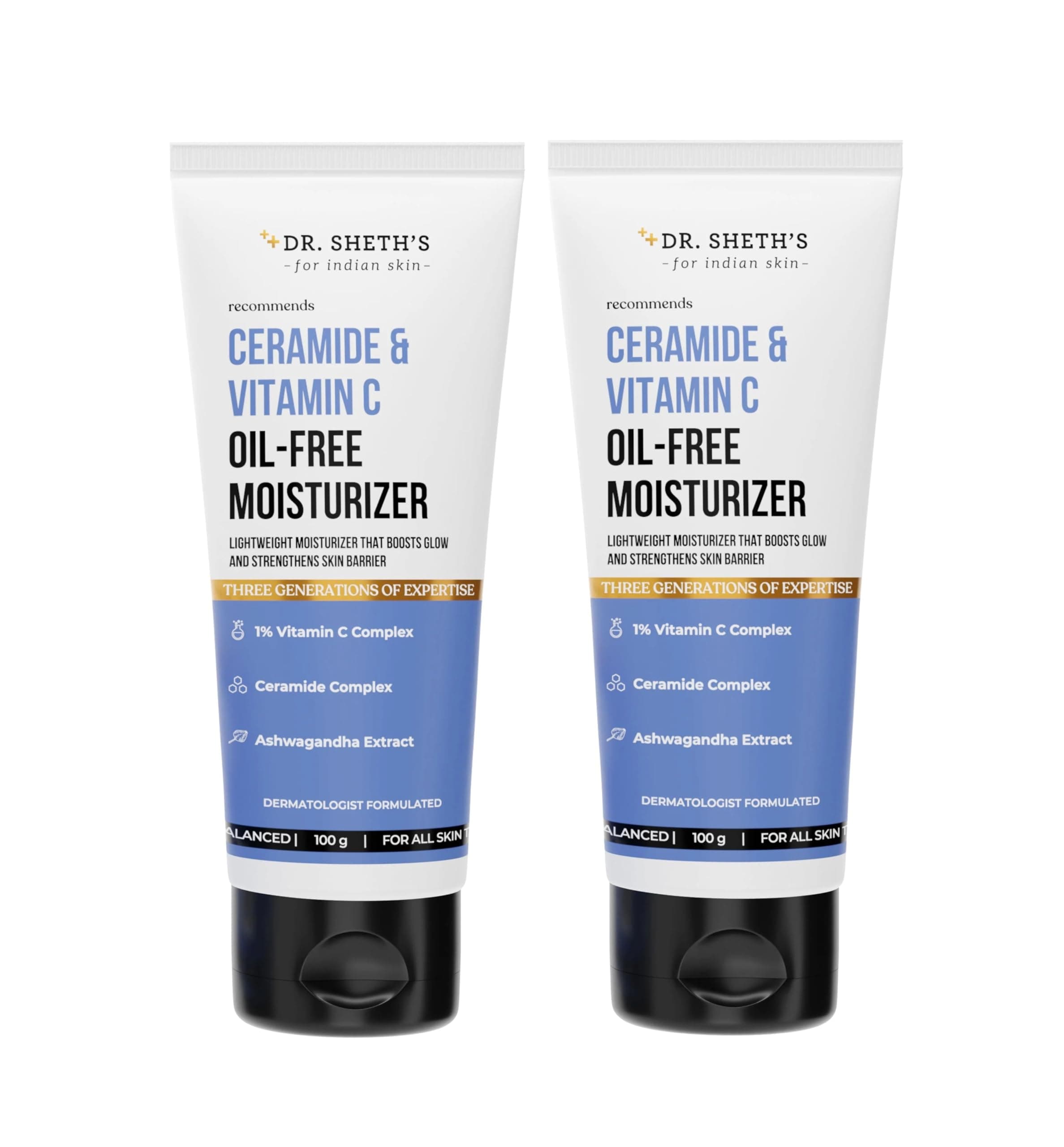 Dr. Sheth’s Ceramide & Vitamin C Oil - Free Moisturizer | Lightweight Moisturizer to Hydrate & Brighten Skin | With Vitamin C, Ceramide & Ashwagandha | For Men & Women | 100 g (Pack of 2)