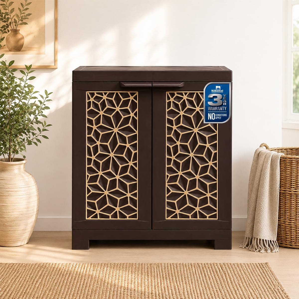 Nilkamal Freedom Star Small (FMSSTAR) Compact Plastic Kids Mini Storage Cabinet|3-Year Warranty|2 Doors Cupboard|Multipurpose Storage Suitable for Kids Room and Home| Weather Brown & Biscuit