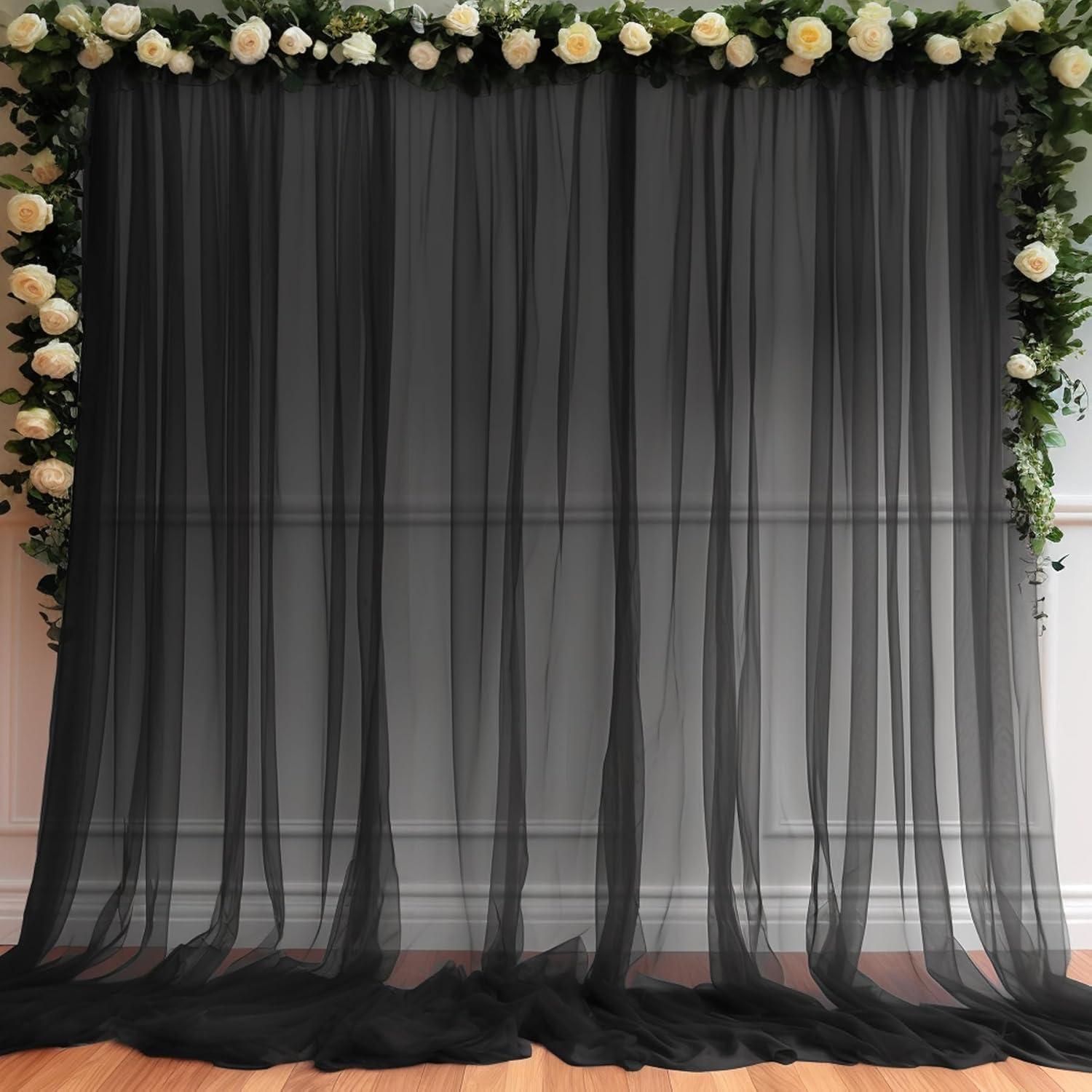 Filloxy 2pcs Backdrop Decoration Net Tulle Large Size, Nylon Made, Reusable, Soft, Wrinkled Free, 8 x 5 ft Each, Cabana Tent Party Decoration Items for Birthday, Anniversary (Black)