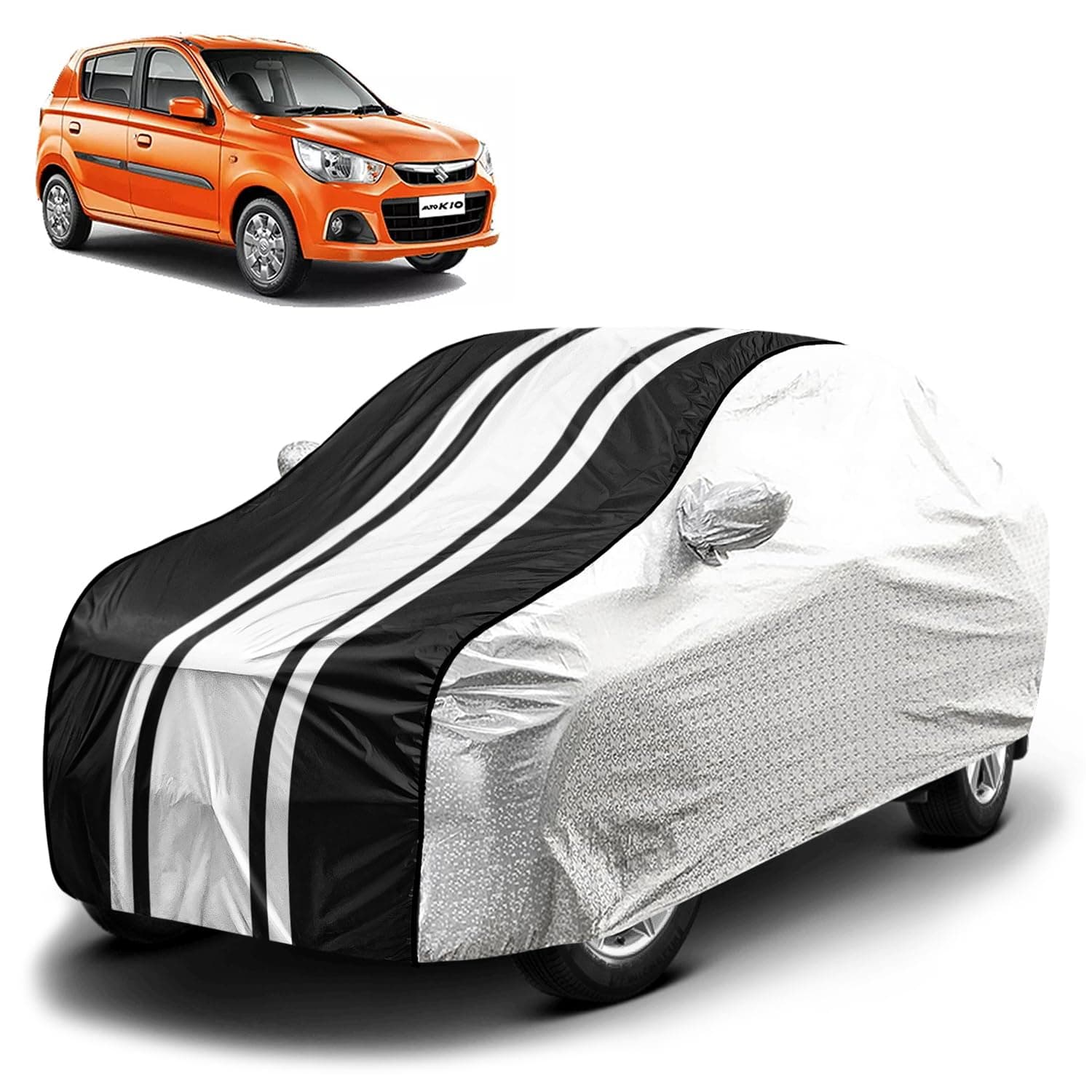 Fabtec Waterproof Car Body Cover for Maruti Alto K10 with Mirror Pocket and Soft Cotton Lining, Bottom Elastic, Triple Stitched (Metallic Silver with Black Stripes) (No Antenna Pocket)