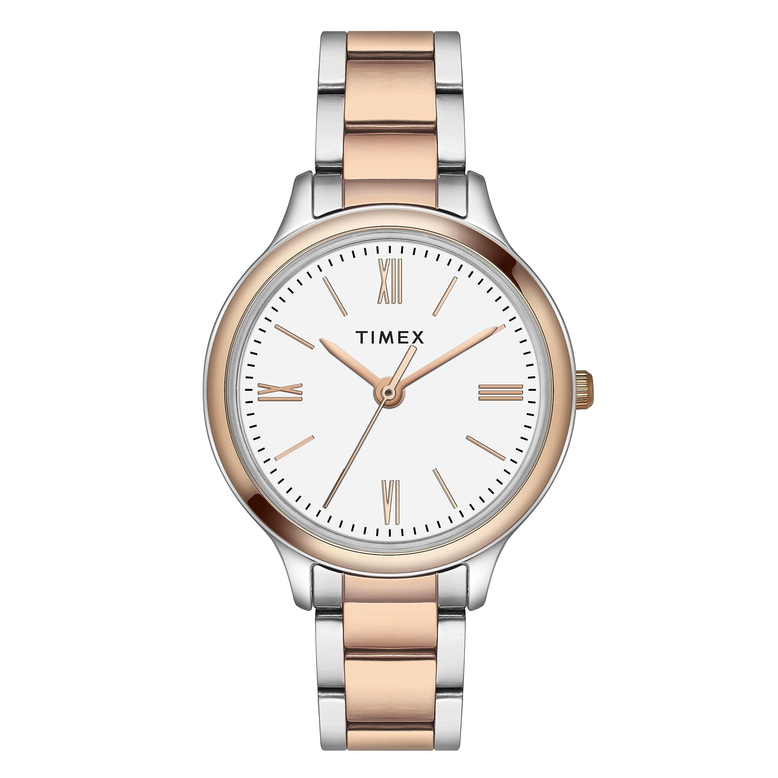 TIMEX Analog Watch for Woman with White Round Dial & Two Tone Stainless Steel Bracelet Band Water Resistant Women's Wrist Watches - TWTL121SMU03
