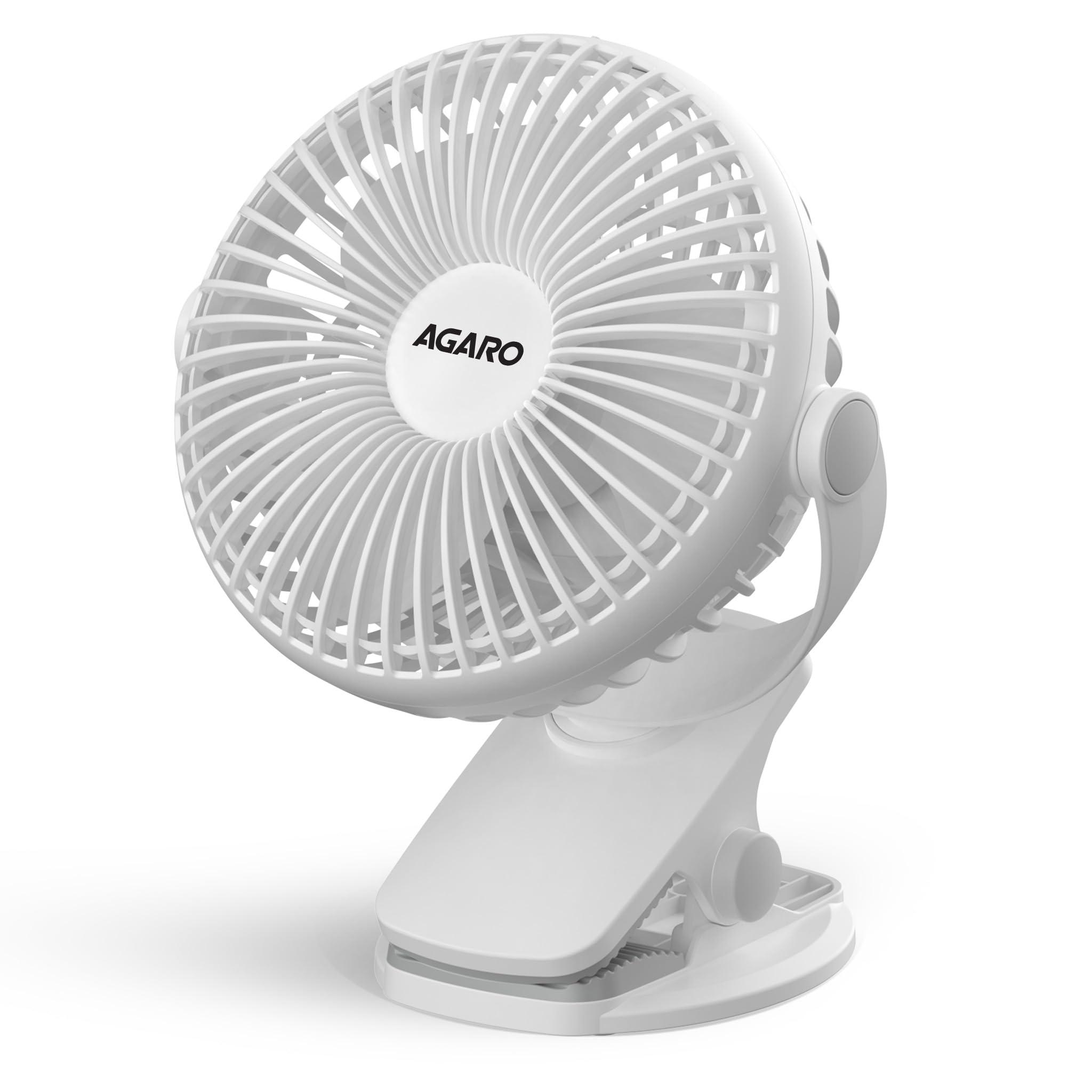 AGARO Regal Portable Clamp Fan, 1800mAh Rechargeable, USB-C Compatible Table Fan, 3 Speeds, Multi-Clip Design, 3400 RPM, Up to 5 Hours Runtime, 5-Inch Mini Fan for Home, Office, Car & Kitchen, White