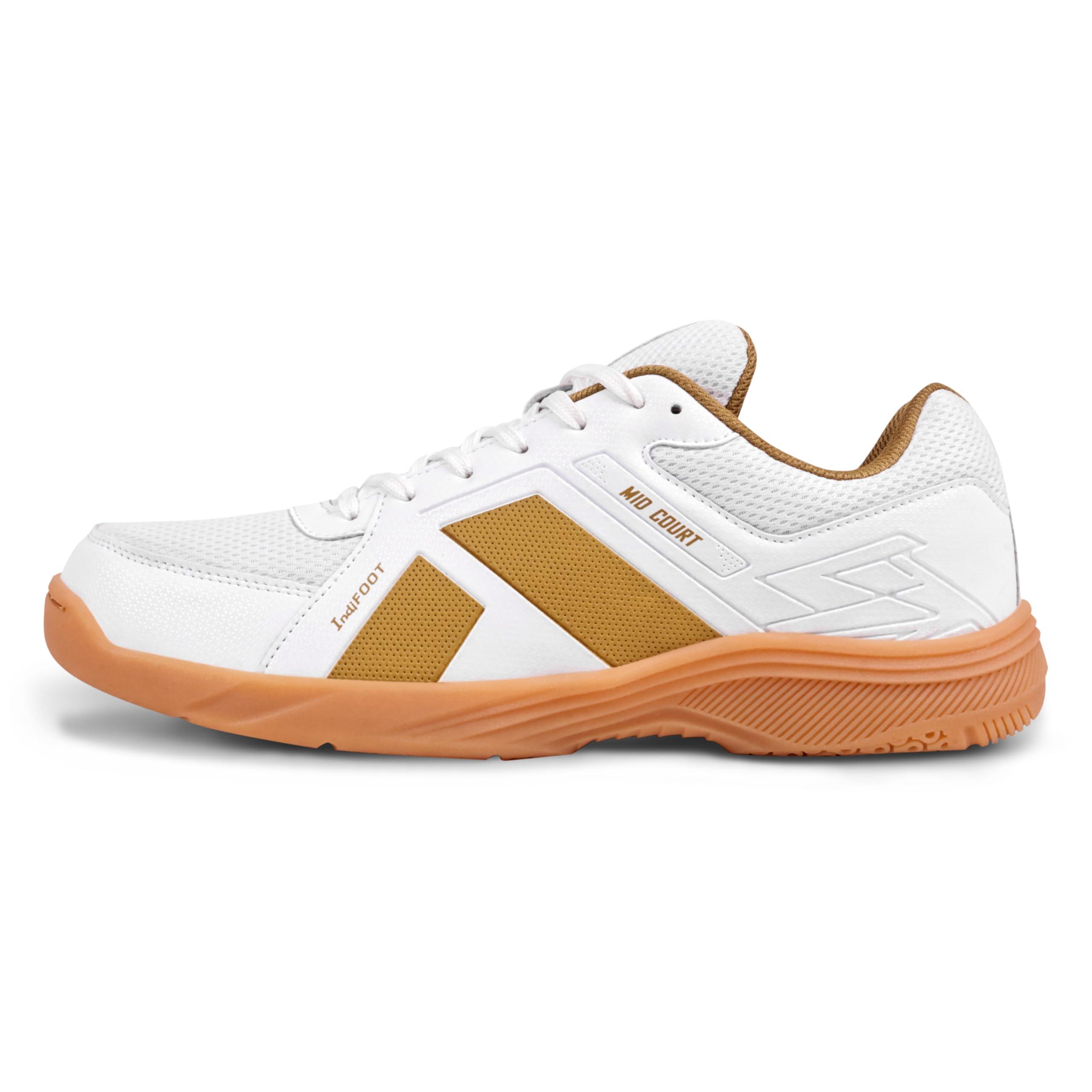 Nivia Mid Court Badminton Shoes for Men, Flexipro Sole Technology & Dual-Layer Foam Cushioning, Designed for Badminton, Volleyball, Squash, Table Tennis, Pickleball (White/Golden, UK04)
