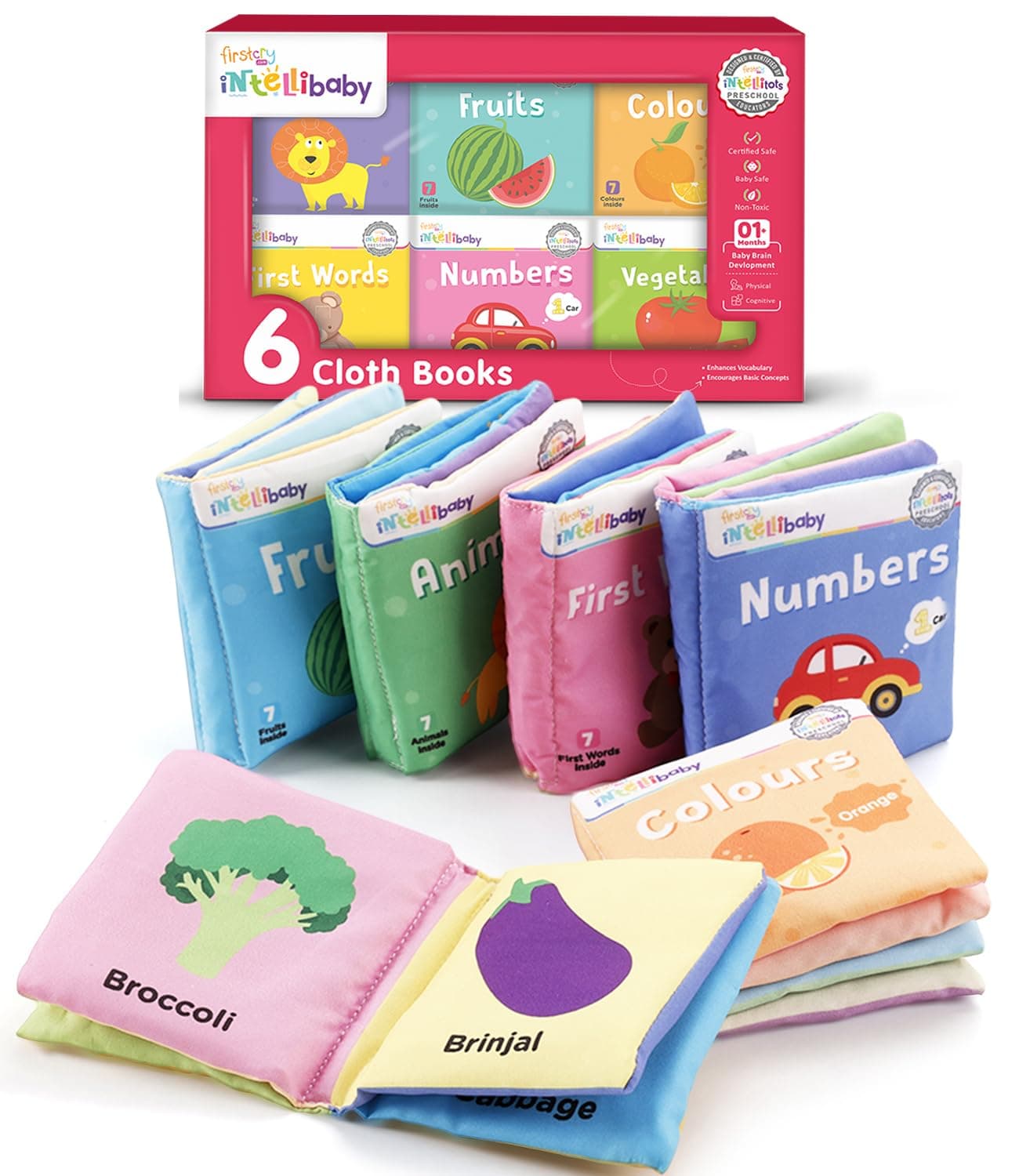 Firstcry Intellibaby 6-Book Set – Soft Sensory Cloth Books for Babies, Crinkle Sound & Washable, Early Learning Themes Animals,Fruits,Numbers,Non-Toxic & Educator Recommended,Gift for Babies 6+ Months