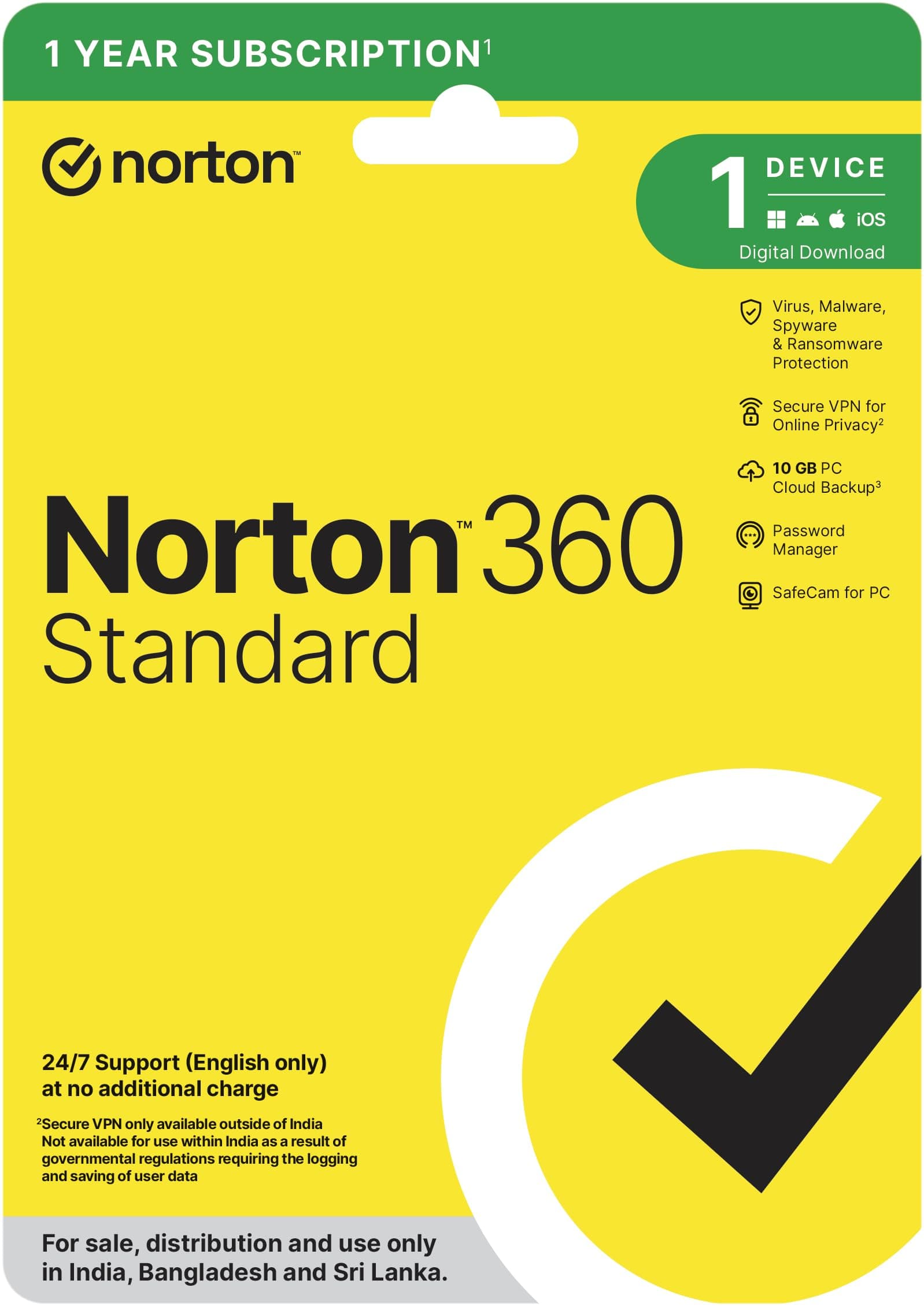Norton 360 Standard |1 User 1 Year|Includes Advanced AI Scam Protection, Total Security for PC, Mac, Android or iOS|Additionally Includes Password Manager, PC Cloud Back Up, SafeCam for PC |Email Delivery in 2 Hrs