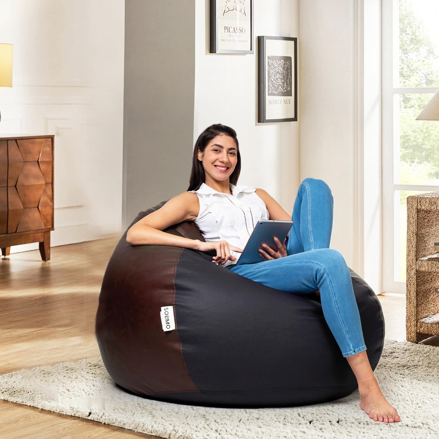 Amazon Brand - Solimo 4XL Premium Faux Leather Bean Bag Filled with Beans for Living Room | Capacity Upto 6'5" Height & 125 Kg Weight | Pre-Filled Bean Bags for Office Use (Black & Brown)