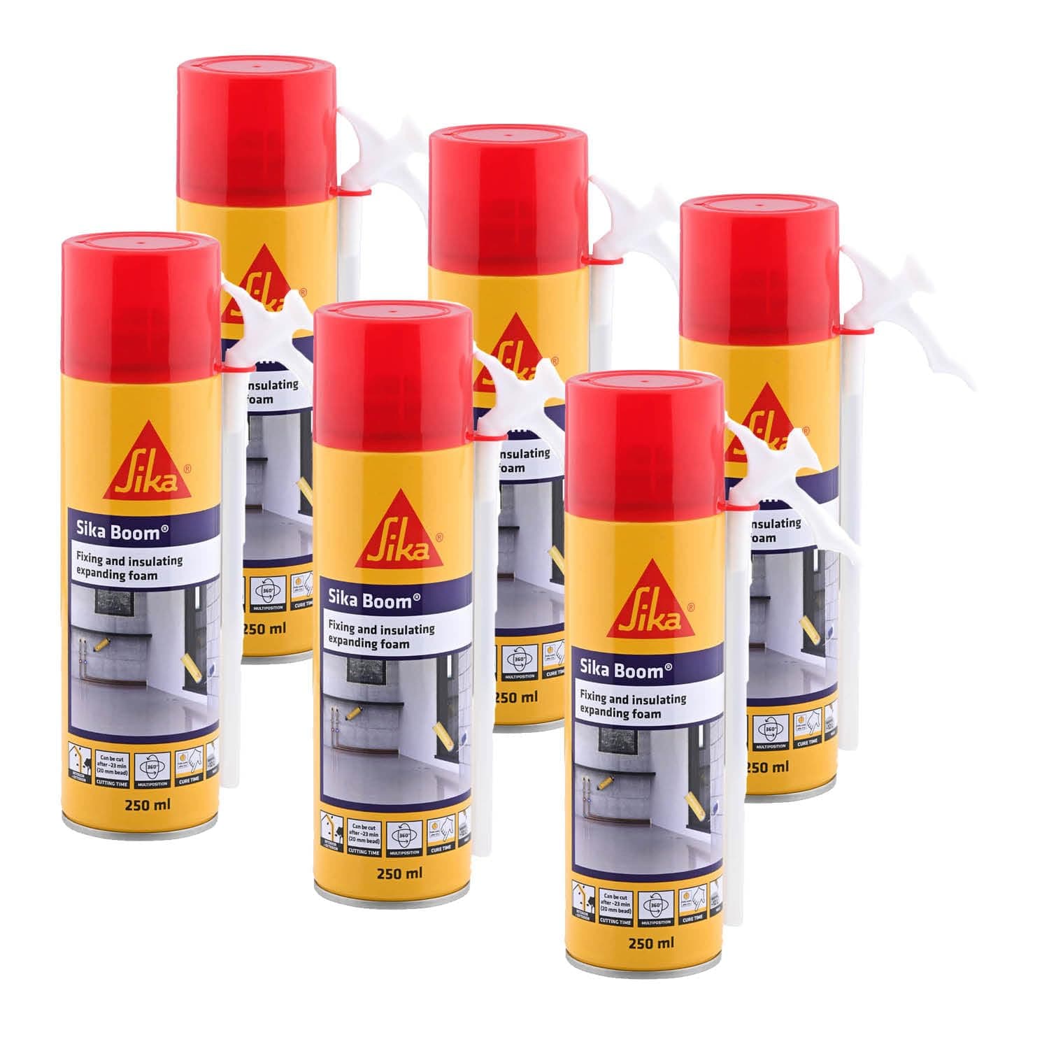 SIKA - Pack of 6 PU expanding foam spray – SikaBoom AP – Single component polyurethane foam – Fast curing – HFC-free – Easy to apply – 250 ml – Light Yellow