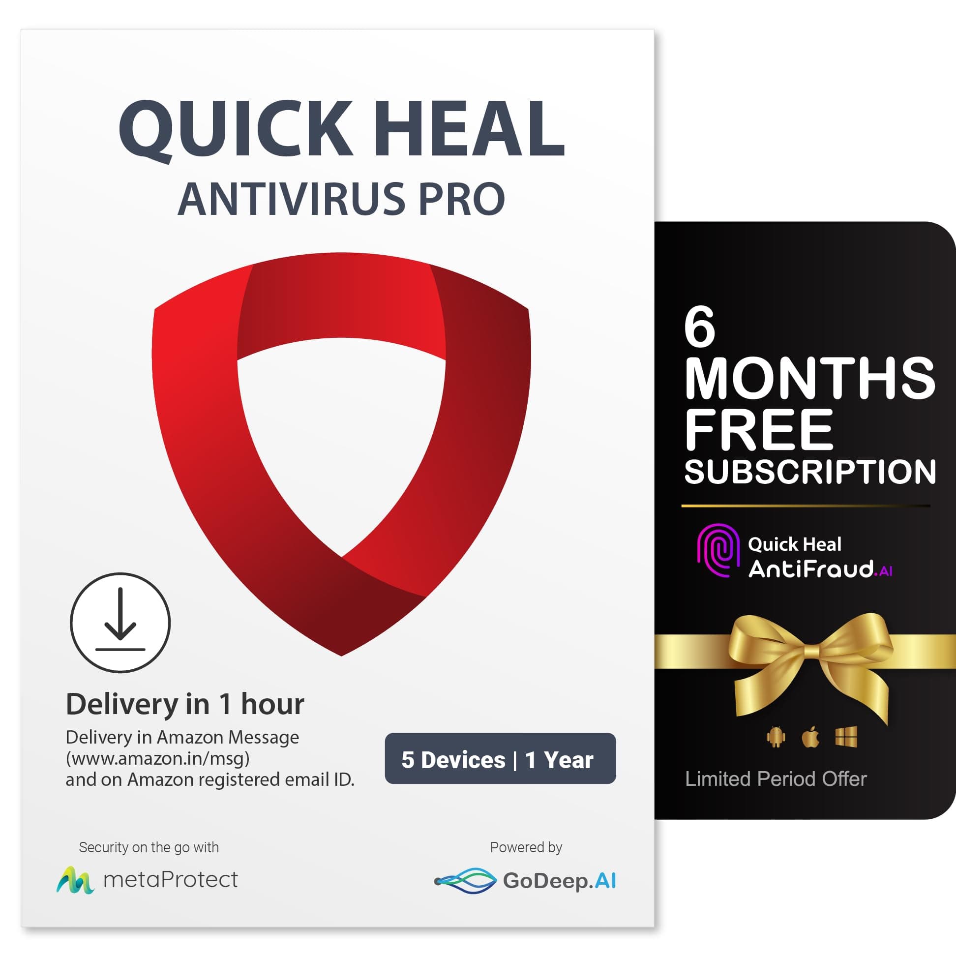 Quick Heal Antivirus Pro | Windows PC/Laptop | 5 PC, 1 Year | AI-Based Virus Protection | Email Delivery in 1 hr |+ 6 month AntiFraud.AI for IOS/Android