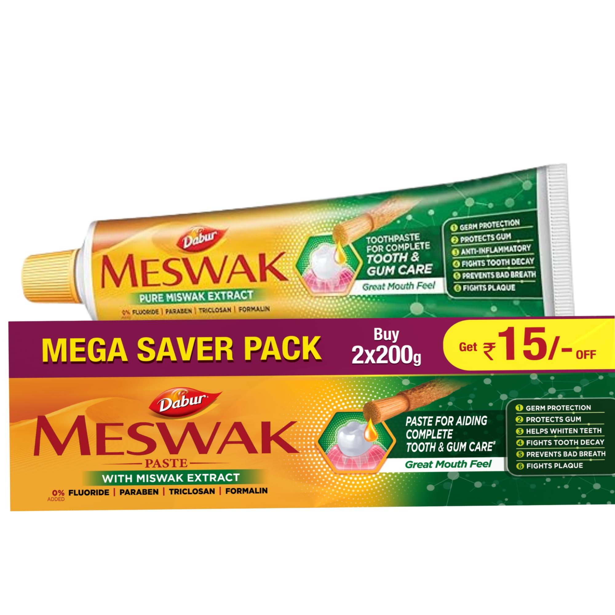 Dabur Meswak: India's No-1 Fluoride Free Toothpaste with Antibacterial, Anti Inflammatory & Astringent benefits,Cavity Protection|Helps fight Plaque, Tartar, Cavity and Tooth Decay- 400 gram(200gm*2)