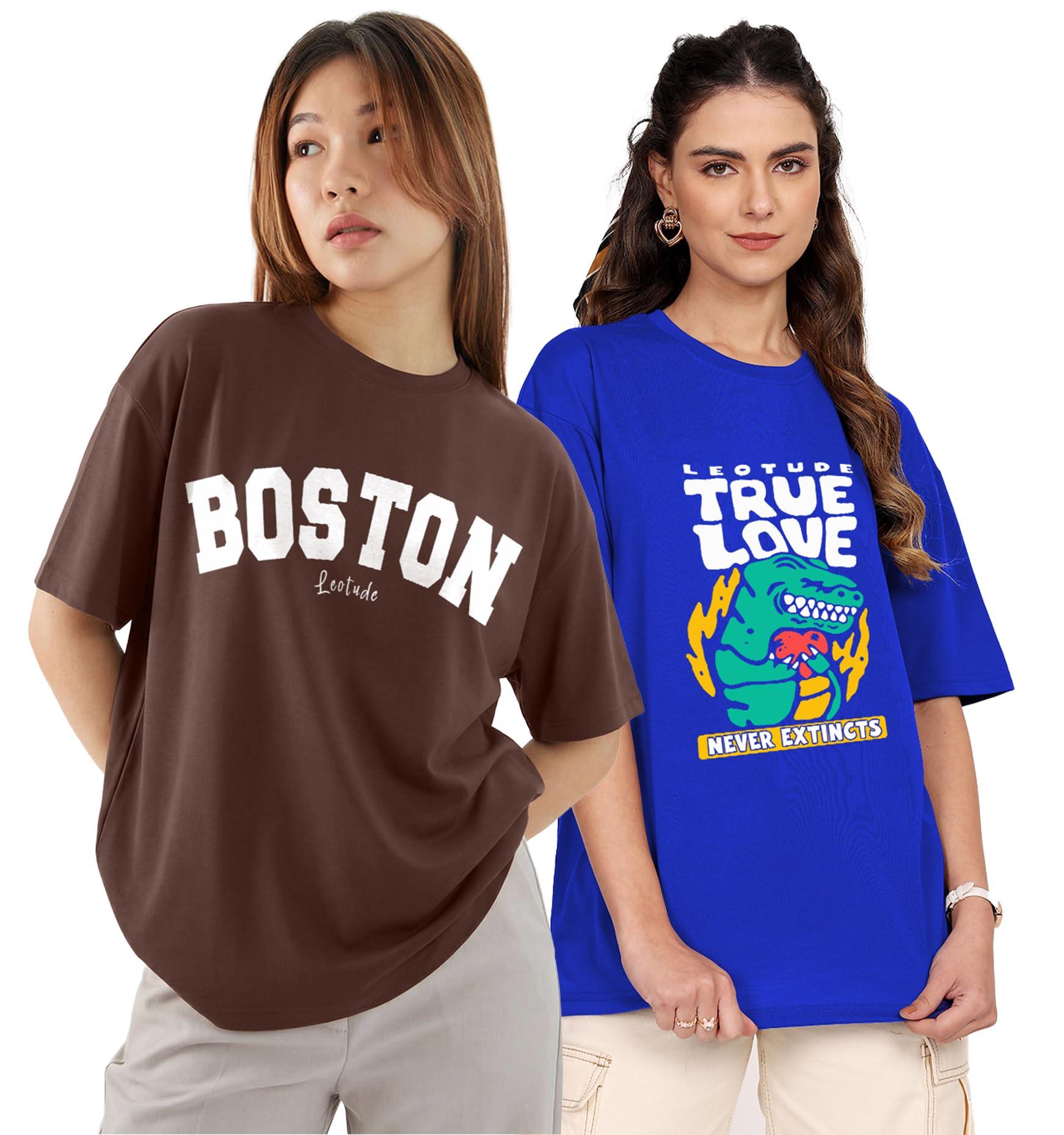 LEOTUDE Oversized Loose Baggy Fit Round Neck with Drop Shoulder Half Sleeves Boyfriend T-Shirt Combo for Women (GRL_FS49_BOSTN_NVVY_P_Brown_Blue_XL)