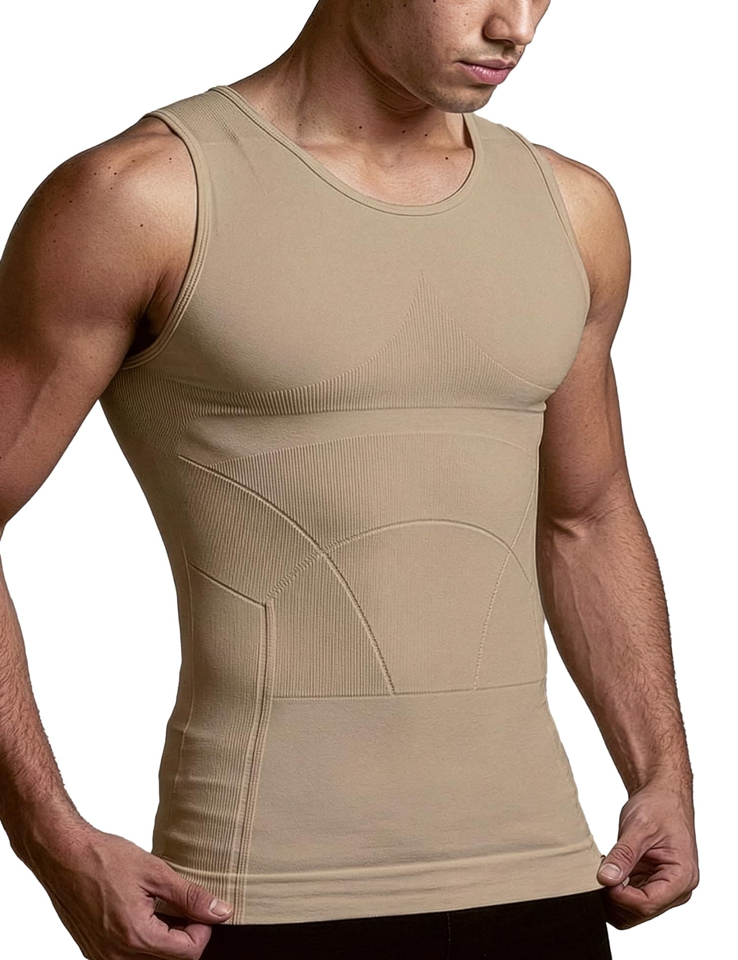 DAMENSCH Form Shapewear for Men, Comfortable and Stretchy Body Shaper for Man, Posture Correcting Tummy Tucker, Breathable Compression T Shirt, Ideal for Men Formal - Sculpt Beige - S