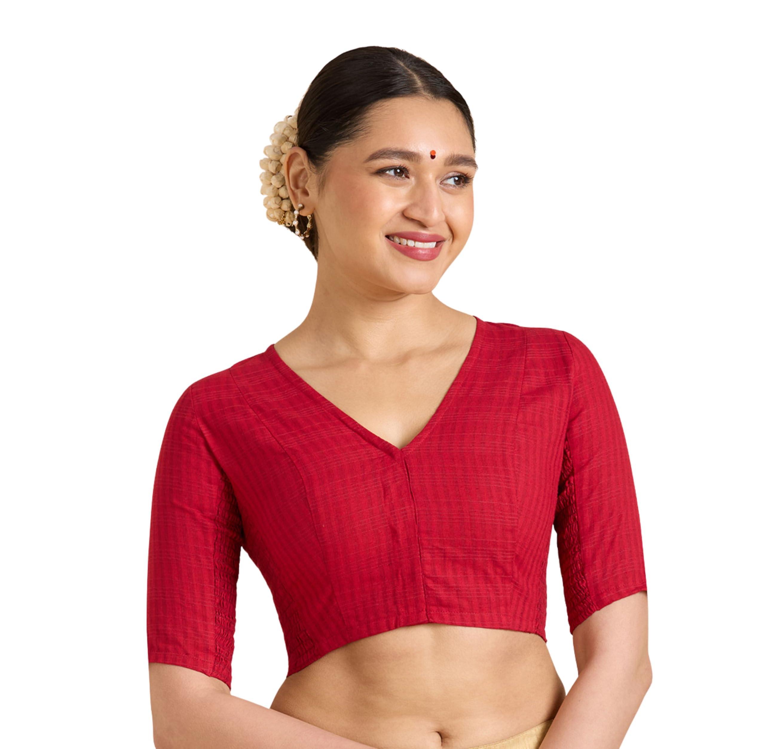 Studio Shringaar Women's Cotton Madras Checks Saree Blouse with Stretchable Sides (Maroon, 36)