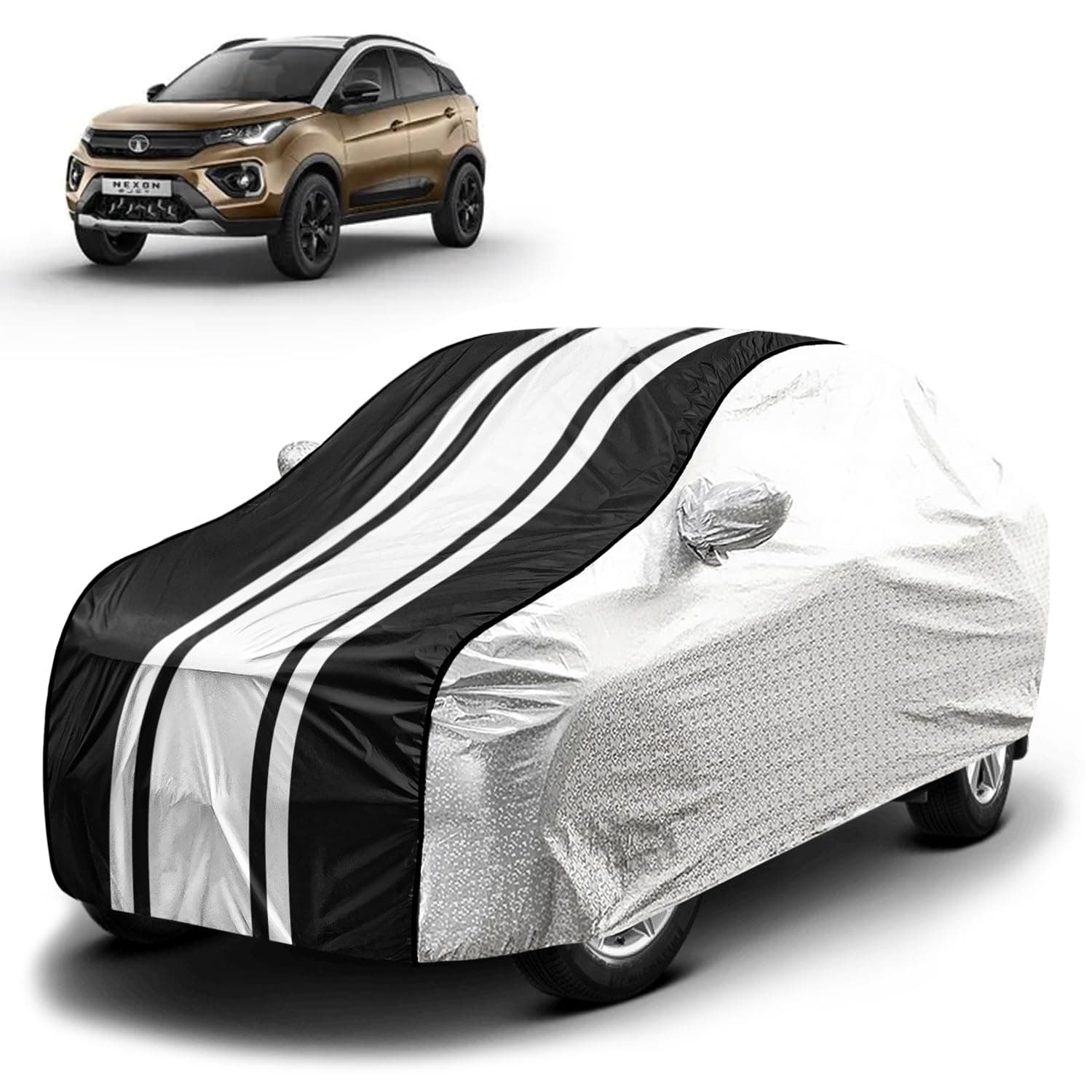 Fabtec Waterproof Car Body Cover for Tata Nexon (2015-2022) with Mirror Pocket and Soft Cotton Lining, Bottom Elastic, Triple Stitched (Metallic Silver with Black Stripes) (No Antenna Pocket)