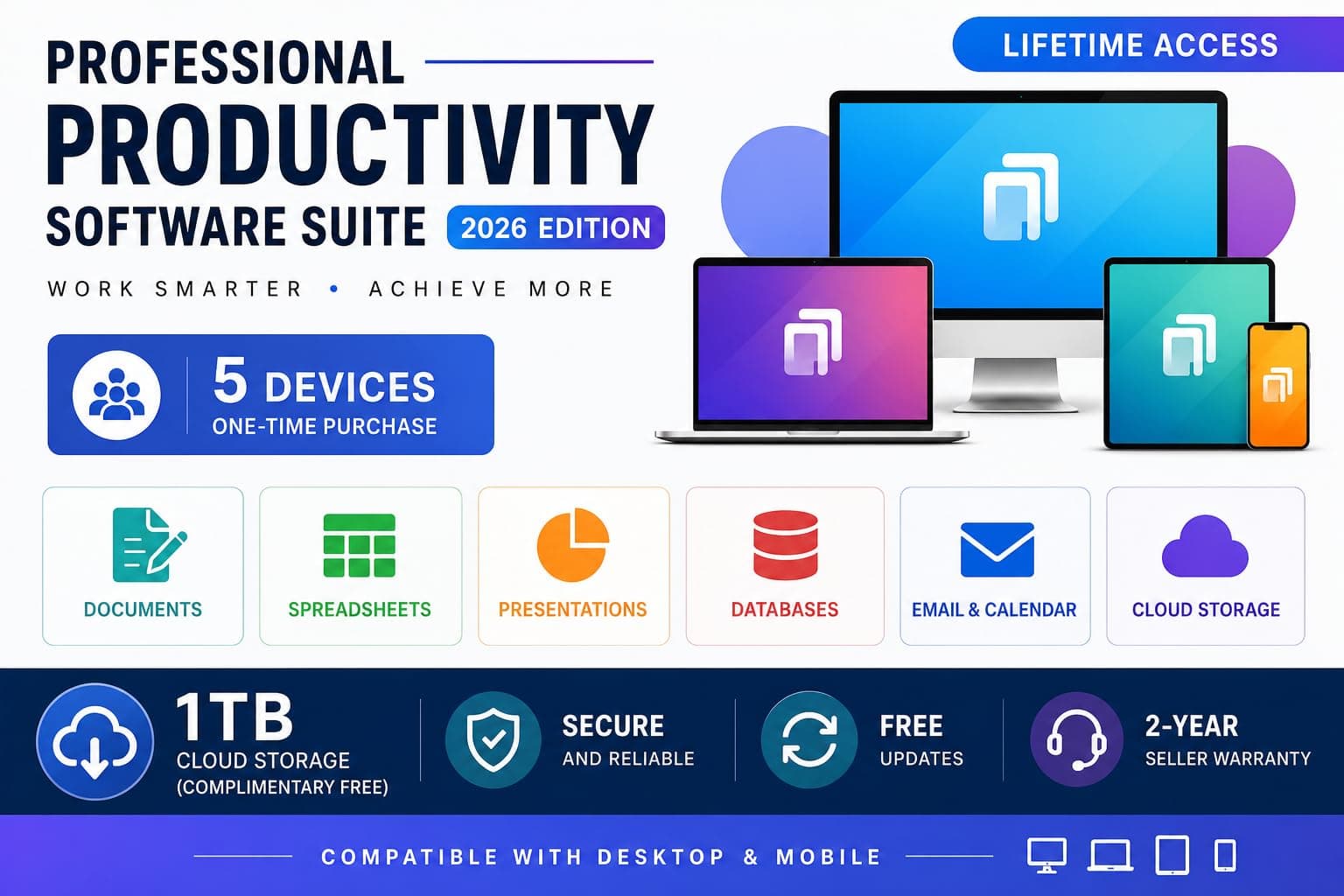365 Professional Productivity Suite 2026 | Long-Term Access for 5 Devices |Win/MacOS/iOS/Android | 1TB Cloud Storage | Unlimited reinstallation | 2-Year Seller Warranty