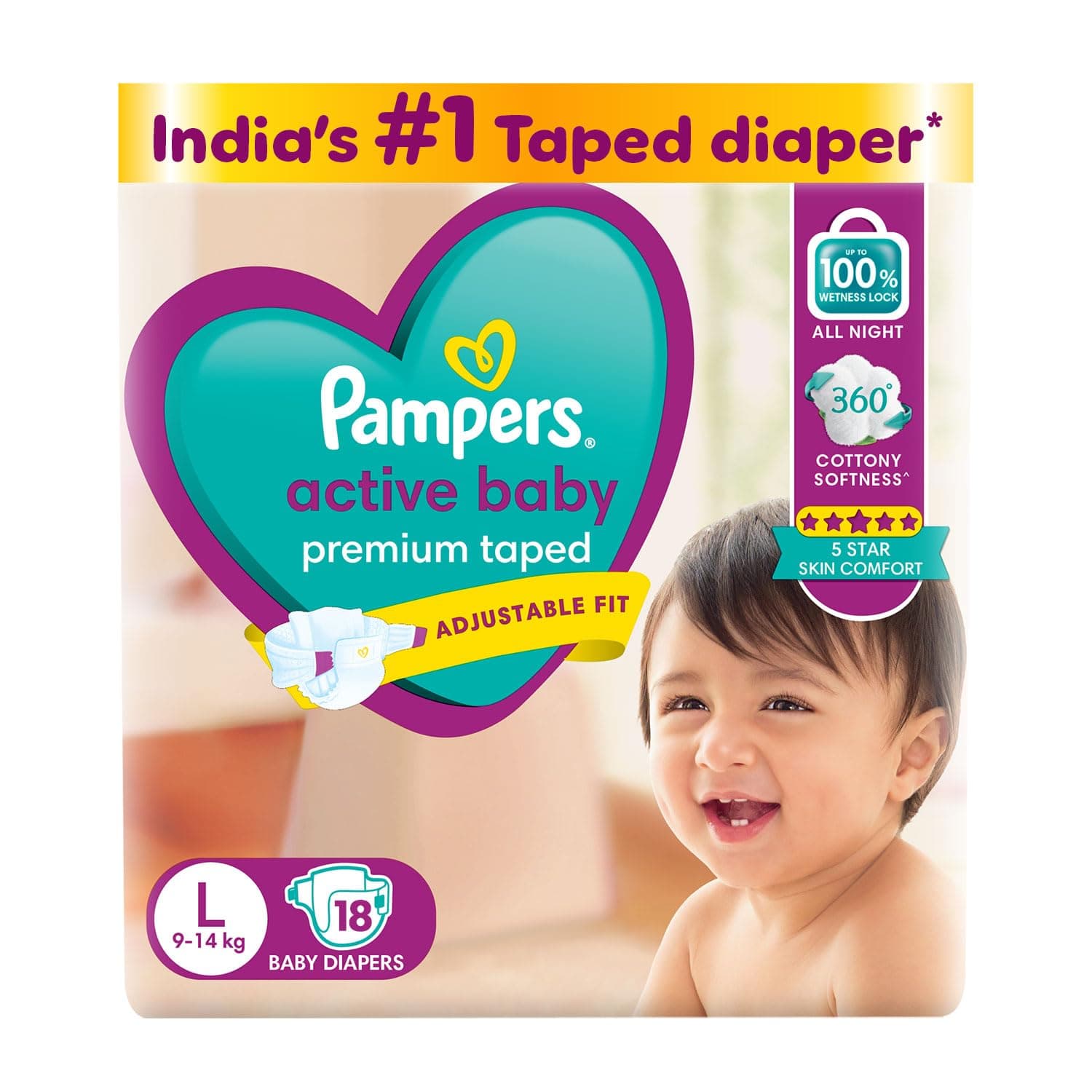 Pampers Active baby Tape Style Baby Diapers, Large (L), 18 Count, 9-14kg, Adjustable Fit with 5 Star Skin Protection Diapers