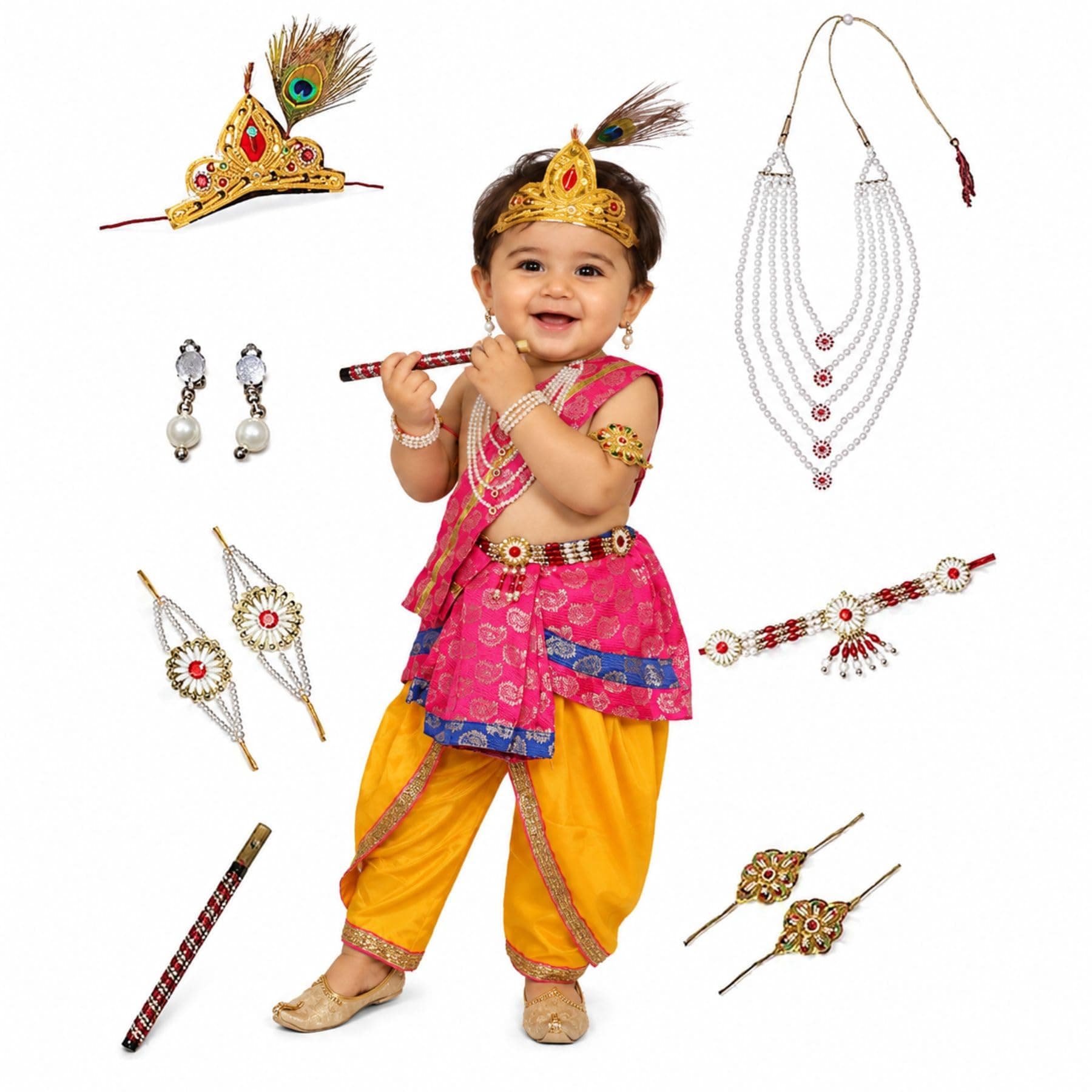 Kaku Fancy Dresses Silk,Polyester Krishna Costume For Kids Infant Baby Krishna Dress For Boys (Set Of 11 - Magenta Dhoti,Patka(Stole),Belt,Mukut,5 Layer Pearl Mala,Bajuband,Earrings,Bansuri&Morpankh)