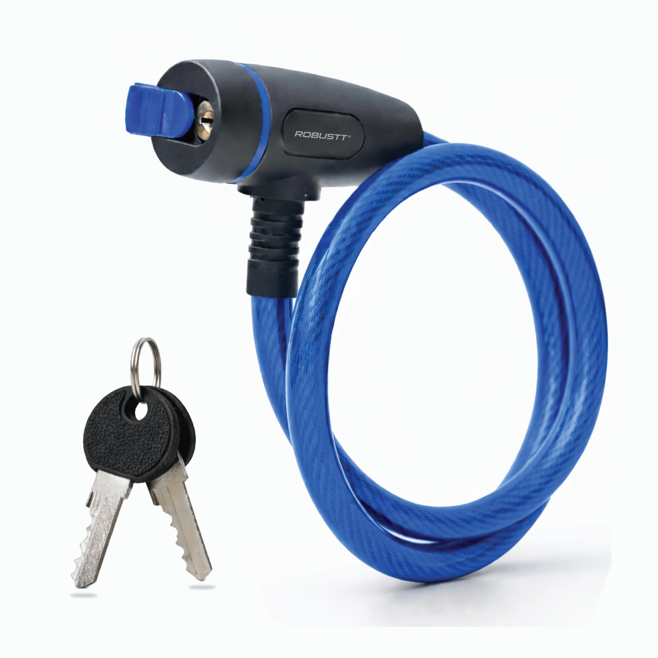 Robustt Braided Steel Cable Lock with Keys – 0.65m Long, 10mm Thick PVC Coated Cut-Resistant Cable | Dust Cover Key Slot | Extra Key Included | Anti-Theft Cable Lock- Blue