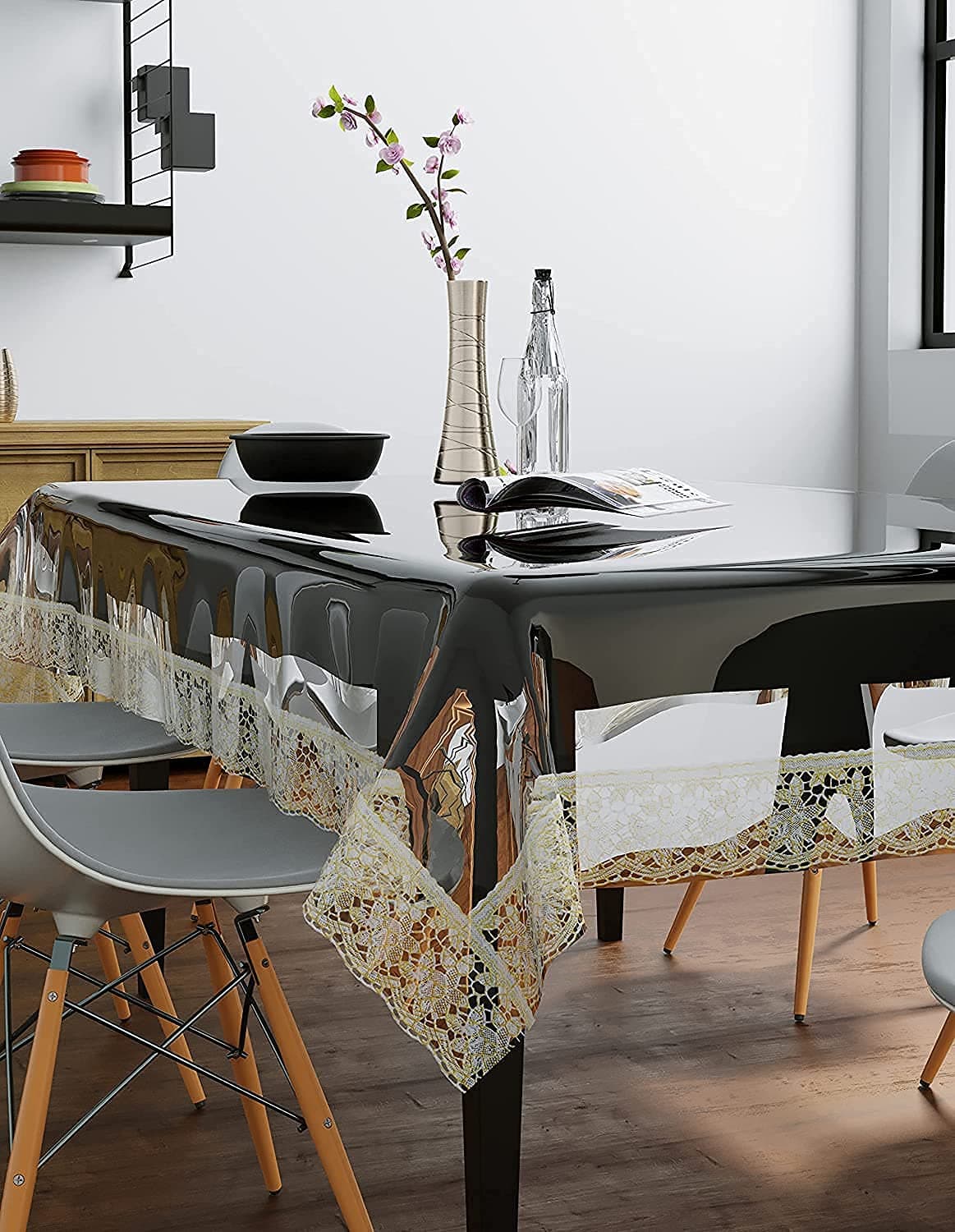 Homerz Premium High Thickness Transparent Table Cover with Lace, 15 mm Thick, Durable and Waterproof, 2 Years Guarantee (Golden Lace, 54x78 inch- 6 Seater)