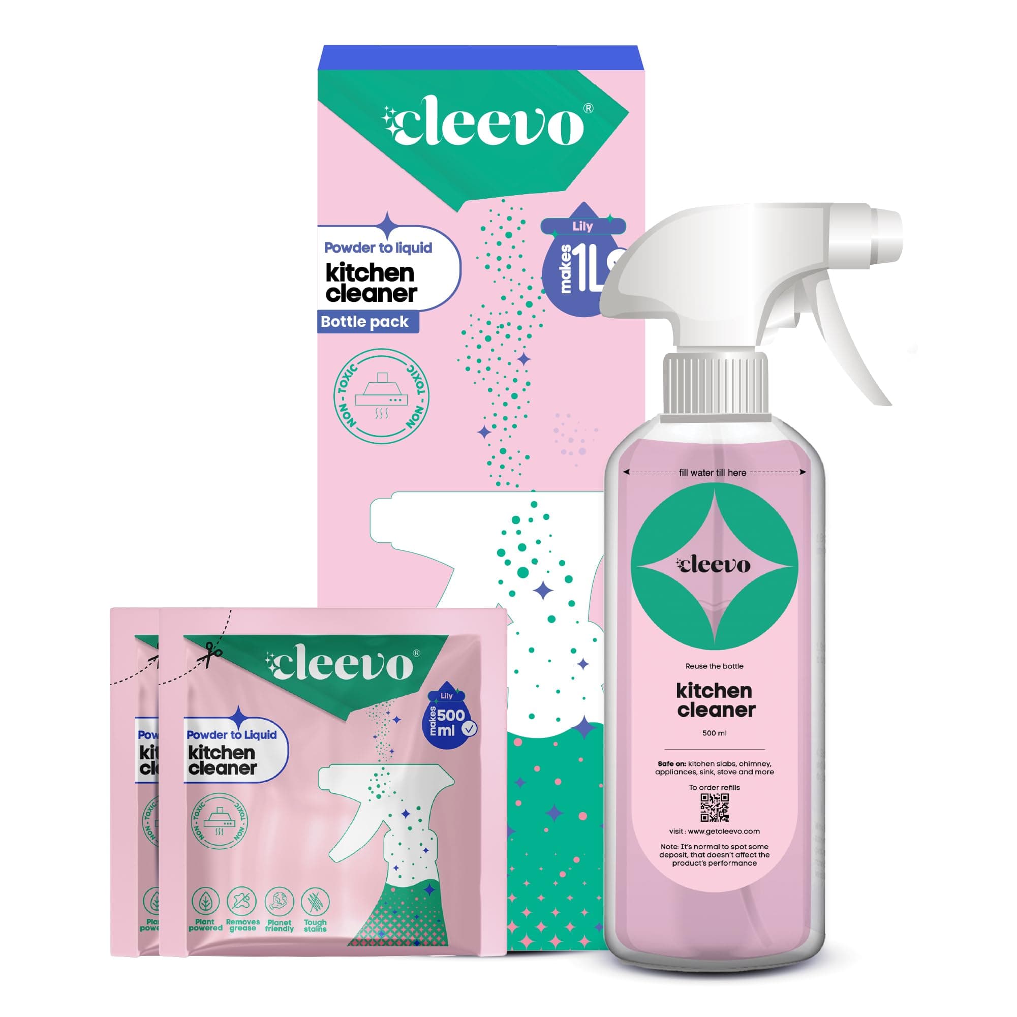 Cleevo Kitchen Cleaner Spray 1L Bottle Pack (2 Sachets makes 1 Litre)|Powder to Liquid | | Non-Toxic Degreaser for Gas Stove, Chimney & Countertop | Surface Cleaner (Lilly)