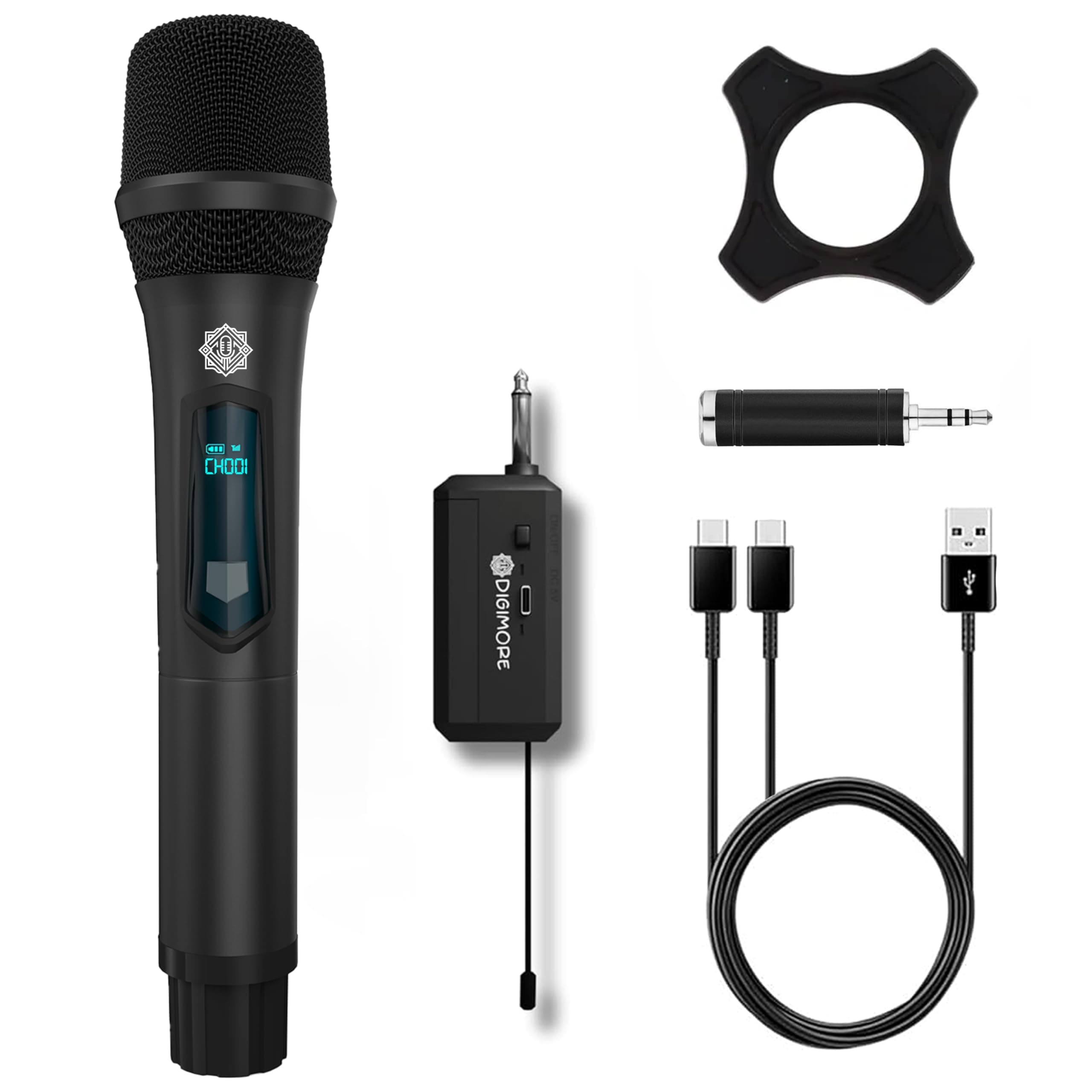 DIGIMORE Rechargeable Wireless Microphone| 6Hrs Battery | 200ft Range | Type-C Charging | LED Digital Display | 2400MHz Cordless Mic for House Parties, Outdoor Party, Singing, Classroom (D-340 Black)