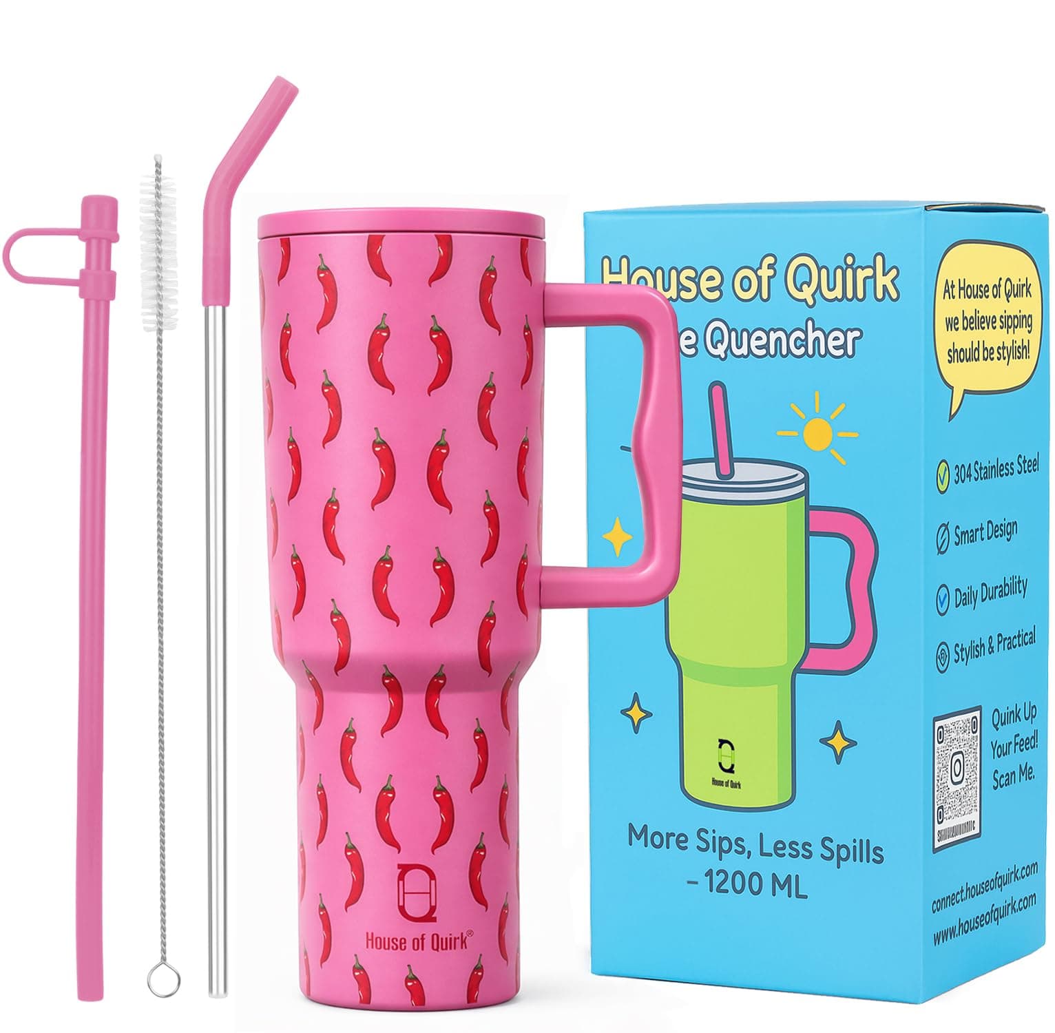 House of Quirk 1200ML Stainless Steel Tumbler with Handle & Lid, 2 Straws – Large Travel Mug Water Cup for Gym, Office & Outdoor Use (Pink Chili)